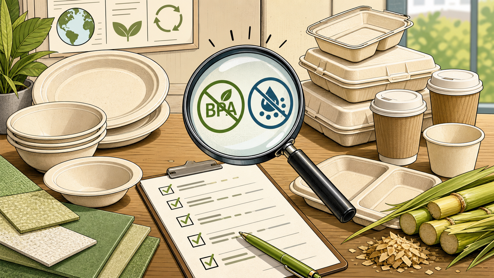 Comic style procurement table explaining BPA-free and PFAS-free tableware labels