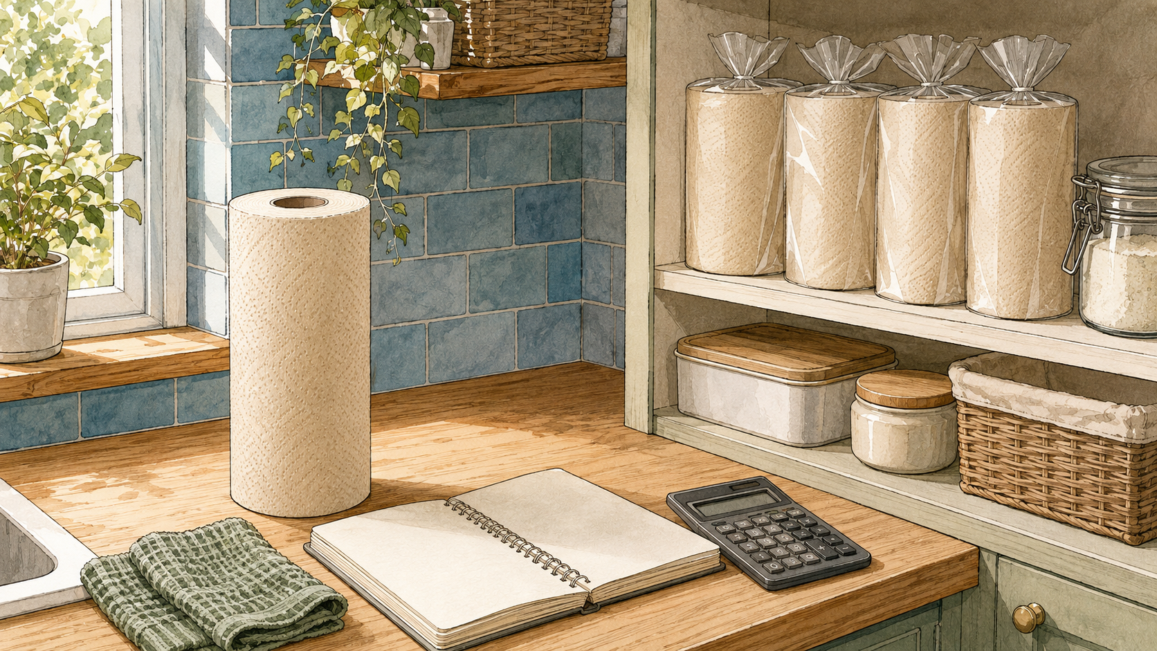 Comic-style kitchen pantry with bamboo paper towel rolls, a calculator and shopping notebook on a counter, with no people