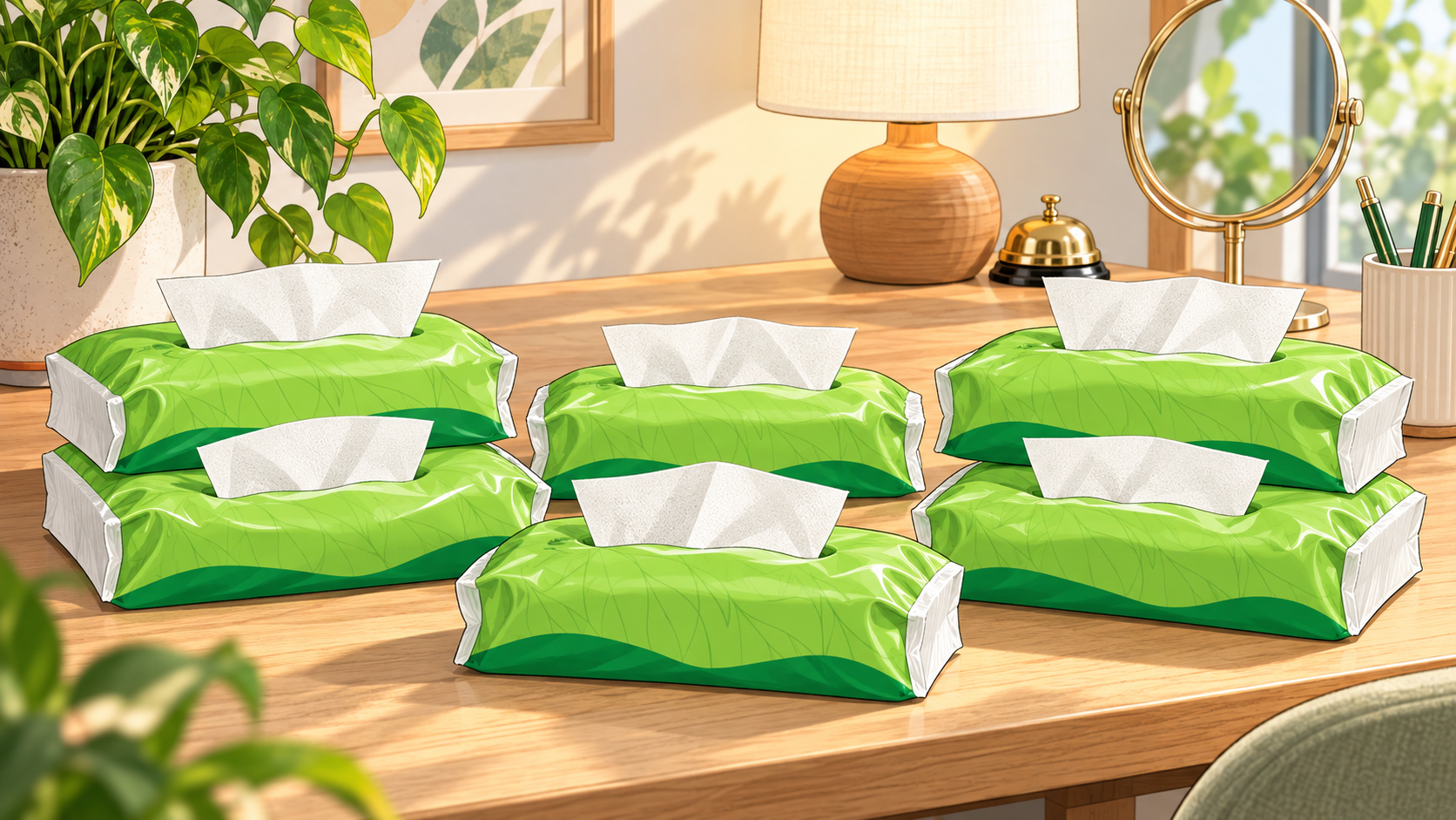 Comic-style room restock plan with green soft packs of white three-ply bamboo facial tissues