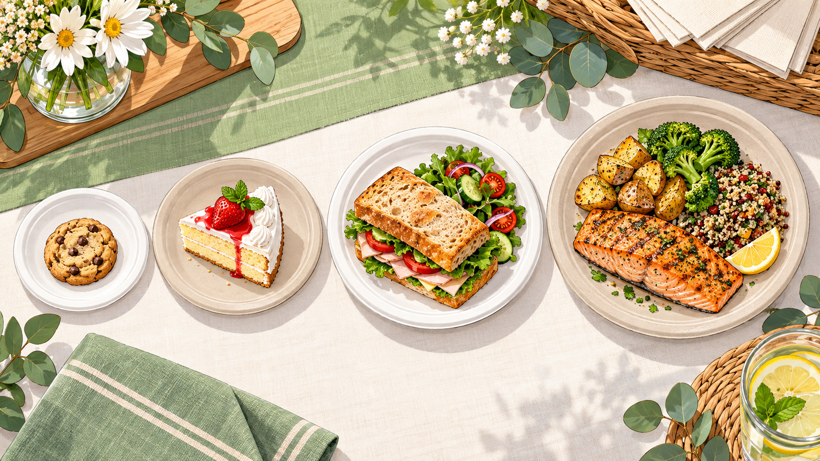 Comic-style comparison of round sugarcane paper plates for snacks lunches and full hot meals