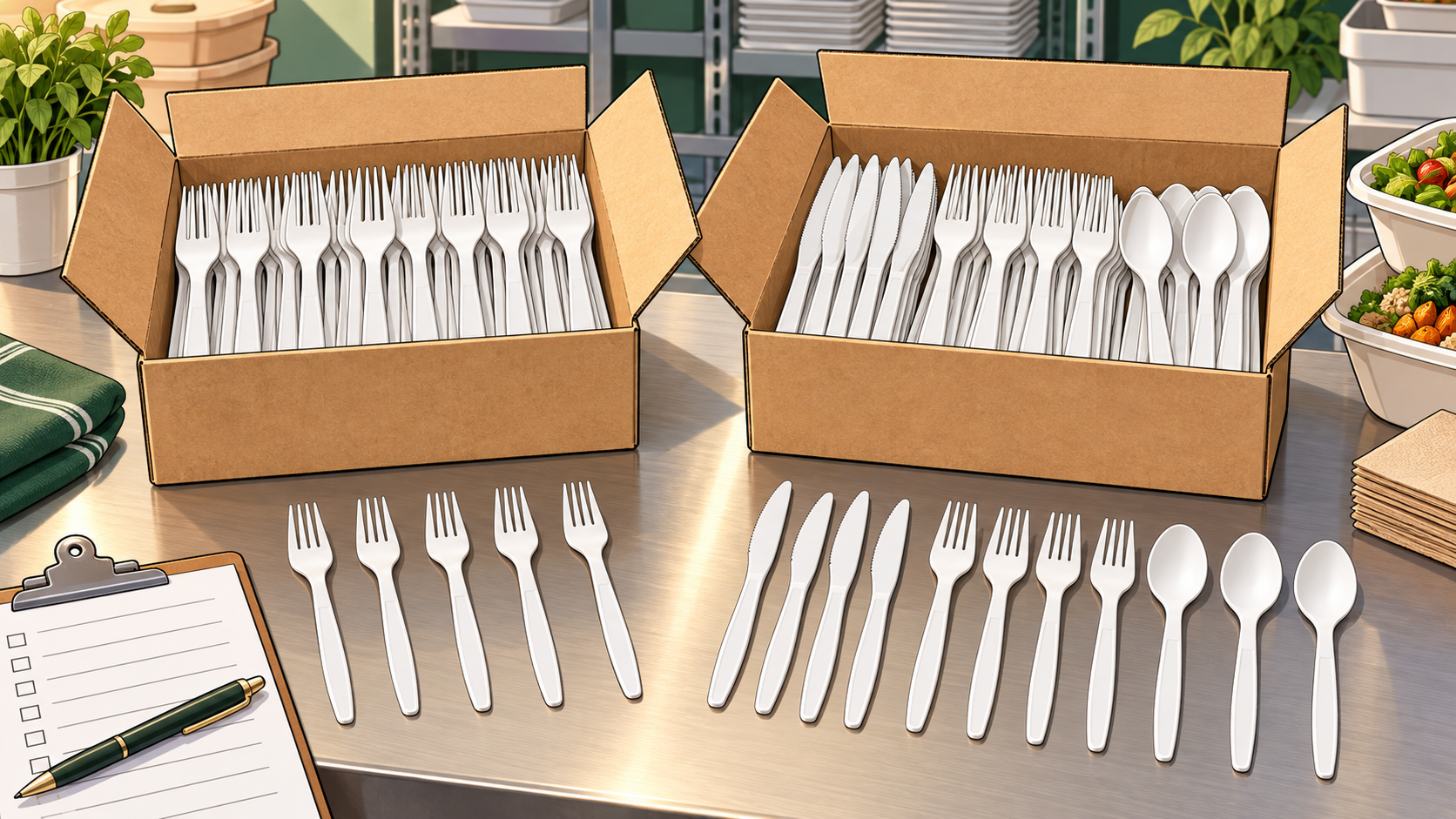 Comic-style comparison of white CPLA forks and assorted knife fork spoon cartons for wholesale foodservice