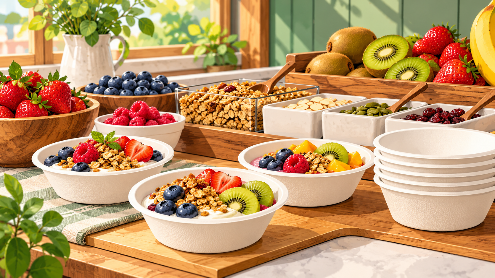 Illustrated no-person breakfast bar with shallow white 8 oz sugarcane bowls holding yogurt and fruit
