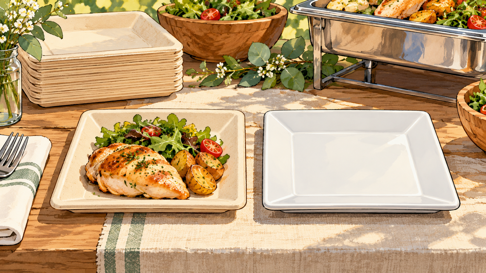 Illustrated no-person comparison of a pale fiber square dinner plate and a glossy white ceramic square dinner plate