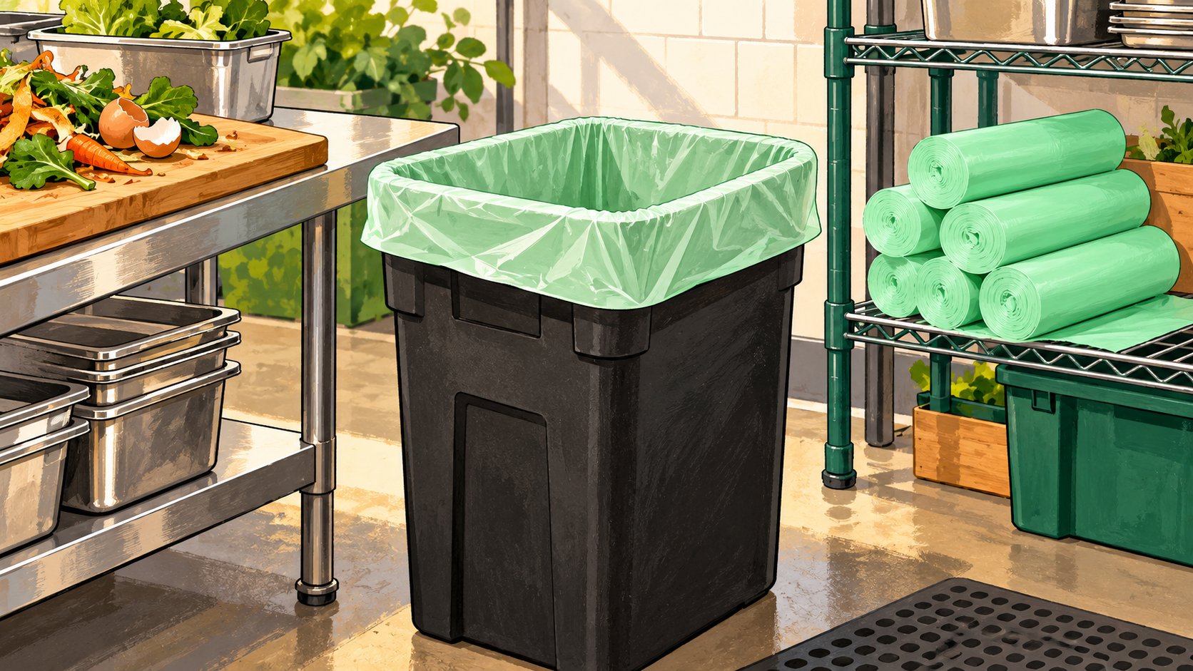 Illustrated large commercial bin fitted with a pale green 33-gallon compostable liner beside green liner rolls, no people