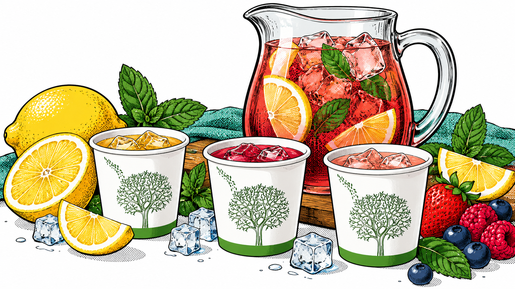 Comic cold drink tasting table with small white-and-green paper sample cups