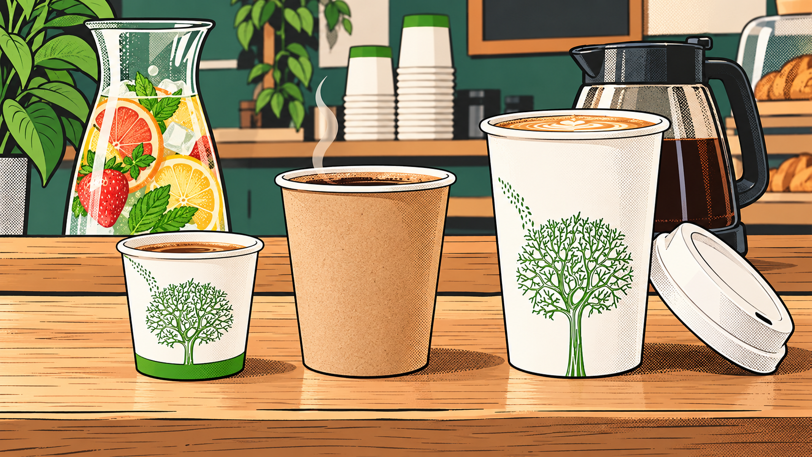 Comic comparison of small white, kraft and lidded paper cups on a beverage counter