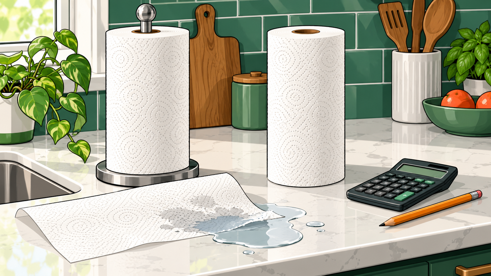 Comic kitchen comparison of tall white bamboo paper towel rolls and cleanup cost