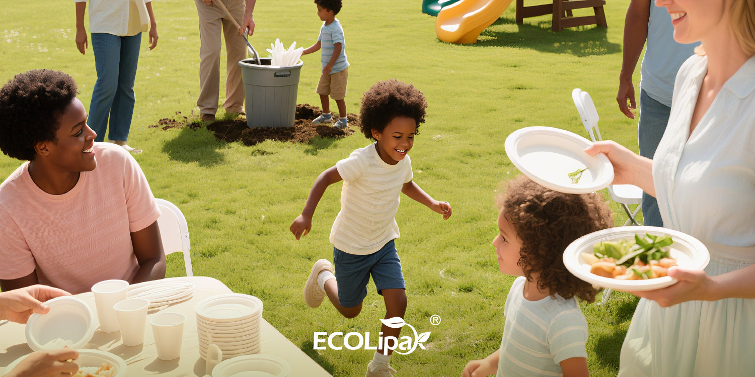 Families enjoying an outdoor picnic using eco-friendly disposable tableware like compostable plates and cups, illustrating sustainable use and disposal.