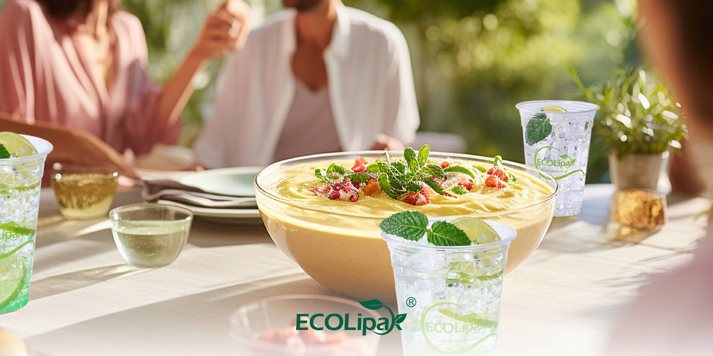 Outdoor dining with EcoLipak PLA cold cups – Clear, compostable cups for eco-friendly gatherings. Highlights sustainable disposable tableware for events.