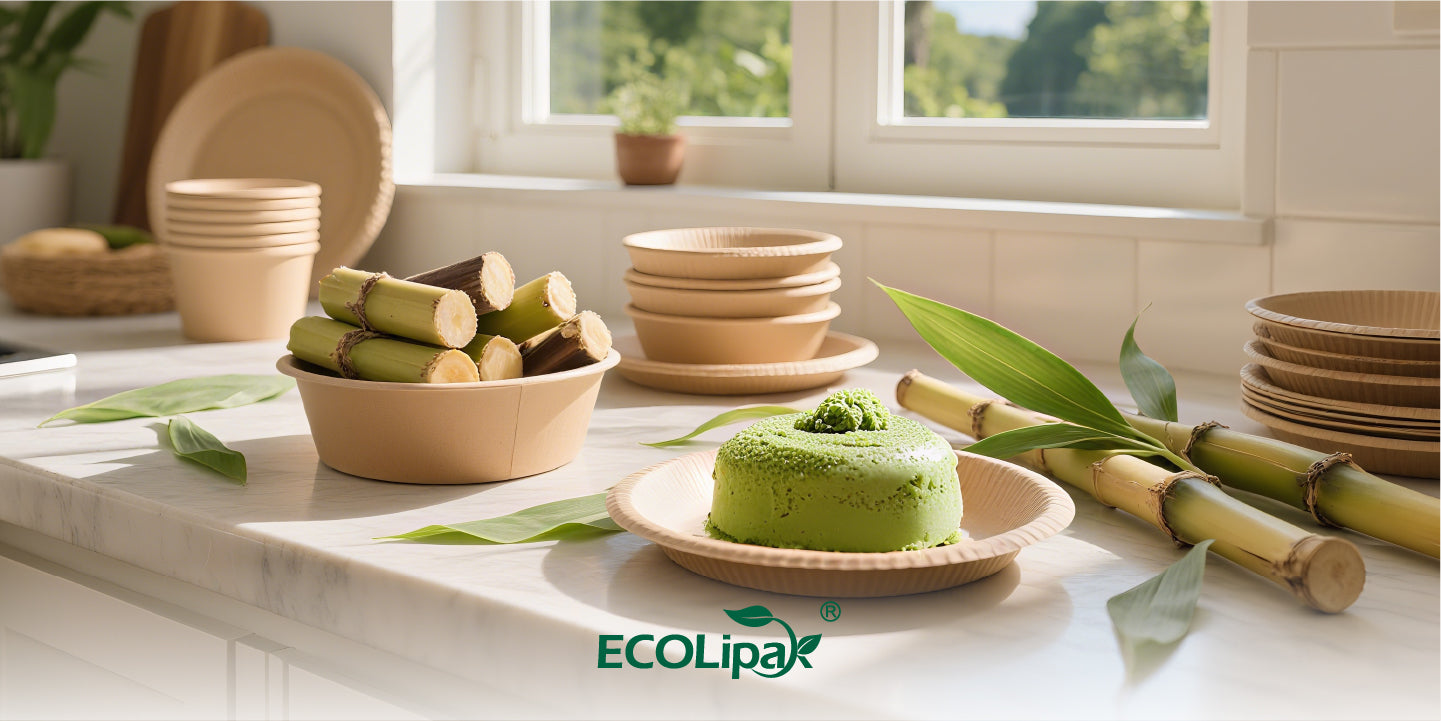 A sunlit kitchen countertop features bamboo plates, bowls, and a green dessert, promoting eco-friendly dining with ECOLipak branding