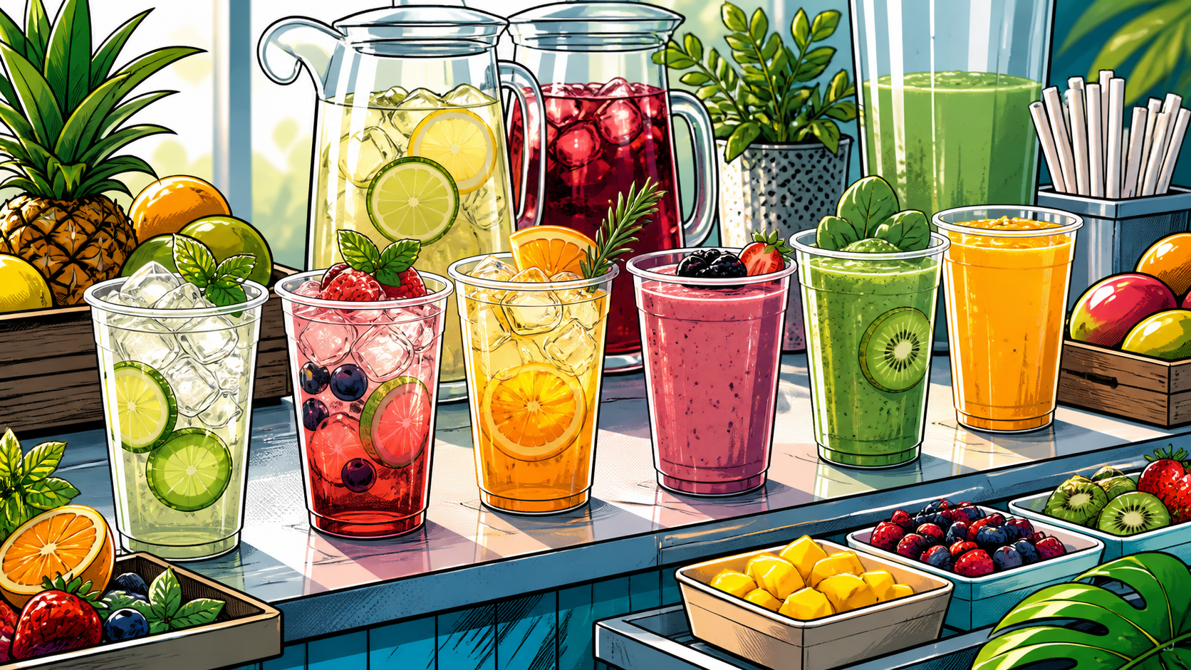 Comic style mocktail and smoothie station with clear compostable cold cups