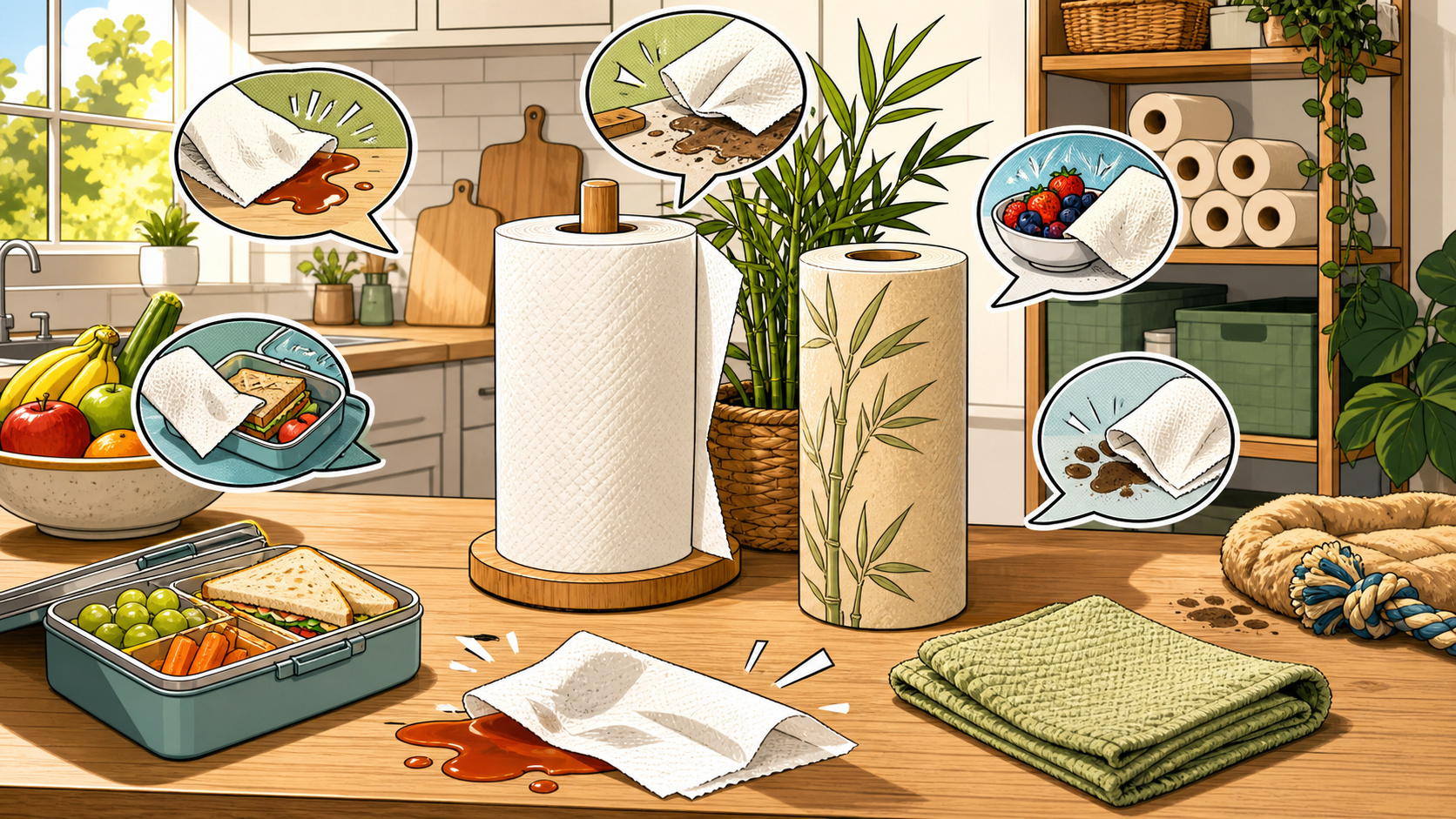 Comic-style family kitchen paper towel value guide with bamboo paper towels and everyday cleanup scenes