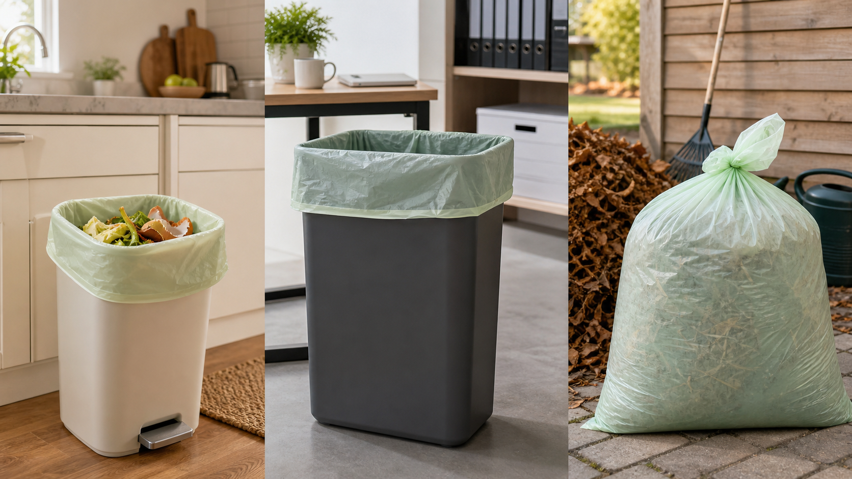 Compostable trash bag size guide showing 13, 33, and 55 gallon bags in kitchen, office, and yard cleanup scenes.