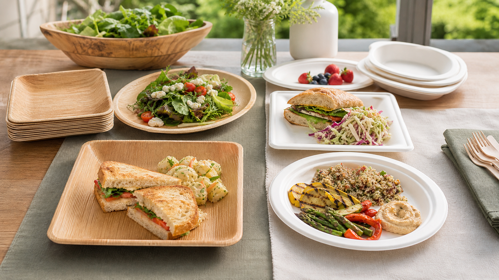 Palm leaf plates and sugarcane plates compared on an event table with real foods.