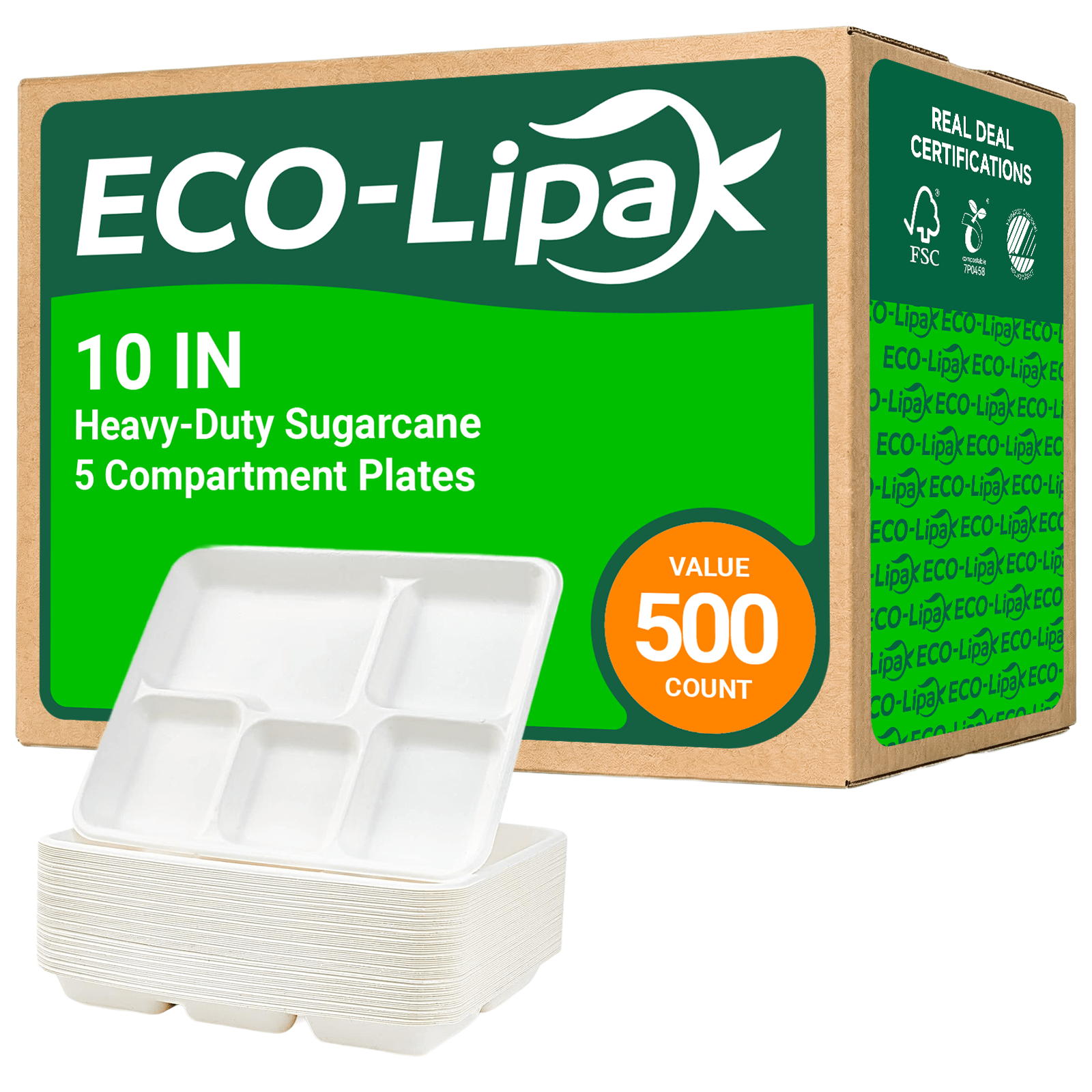 10 in / 12.5 in Heavy - Duty Sugarcane 5 Compartment Plates｜BPI Certified, BPA Free - ECOlipak