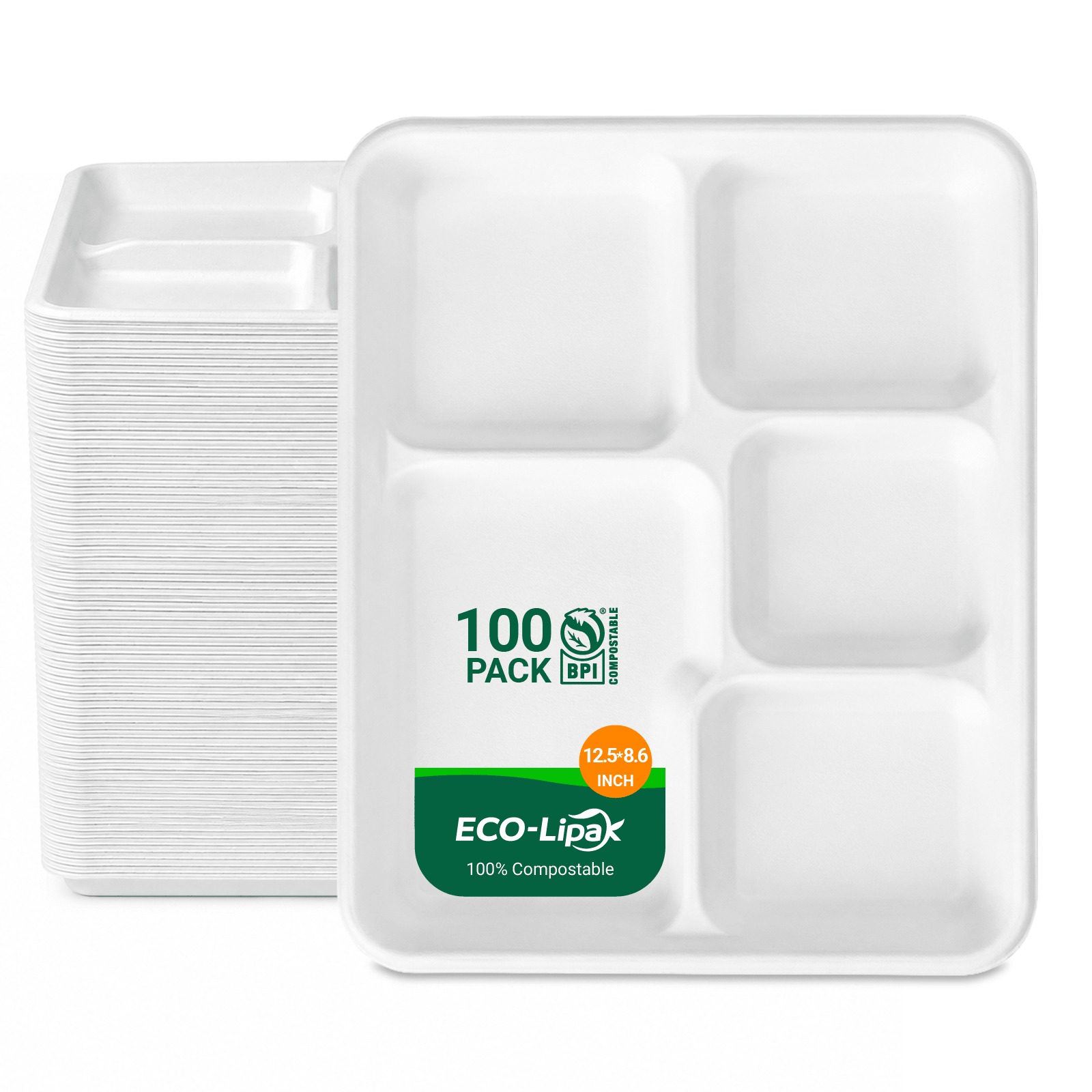 10 in / 12.5 in Heavy-Duty Sugarcane 5 Compartment Plates｜BPI Certified, PFAS-Free, BPA-Free - ECO-Lipak