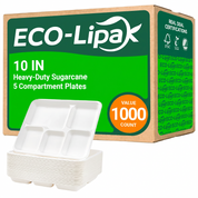 Wholesale Compostable Sugarcane 5-Compartment Plates – 10 in / 12.5 in | Bulk Cartons
