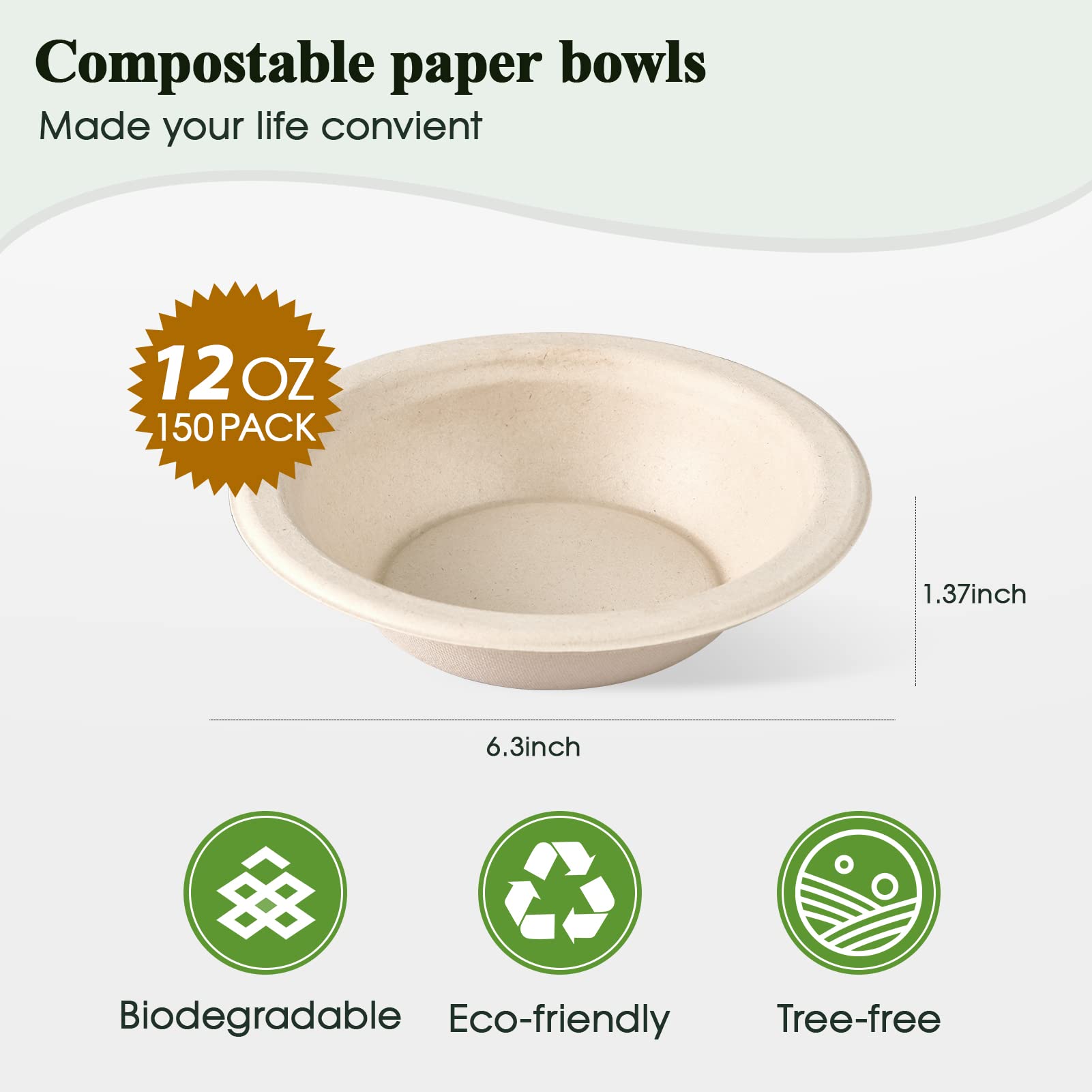 12 oz / 16 oz Wide Sides Leak - Resistant Sugarcane Compostable Bowls｜BPI Certified, PFAS - Free - ECOlipak
