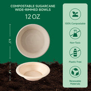 12 oz / 16 oz Wide Sides Leak - Resistant Sugarcane Compostable Bowls｜BPI Certified, PFAS - Free - ECOlipak