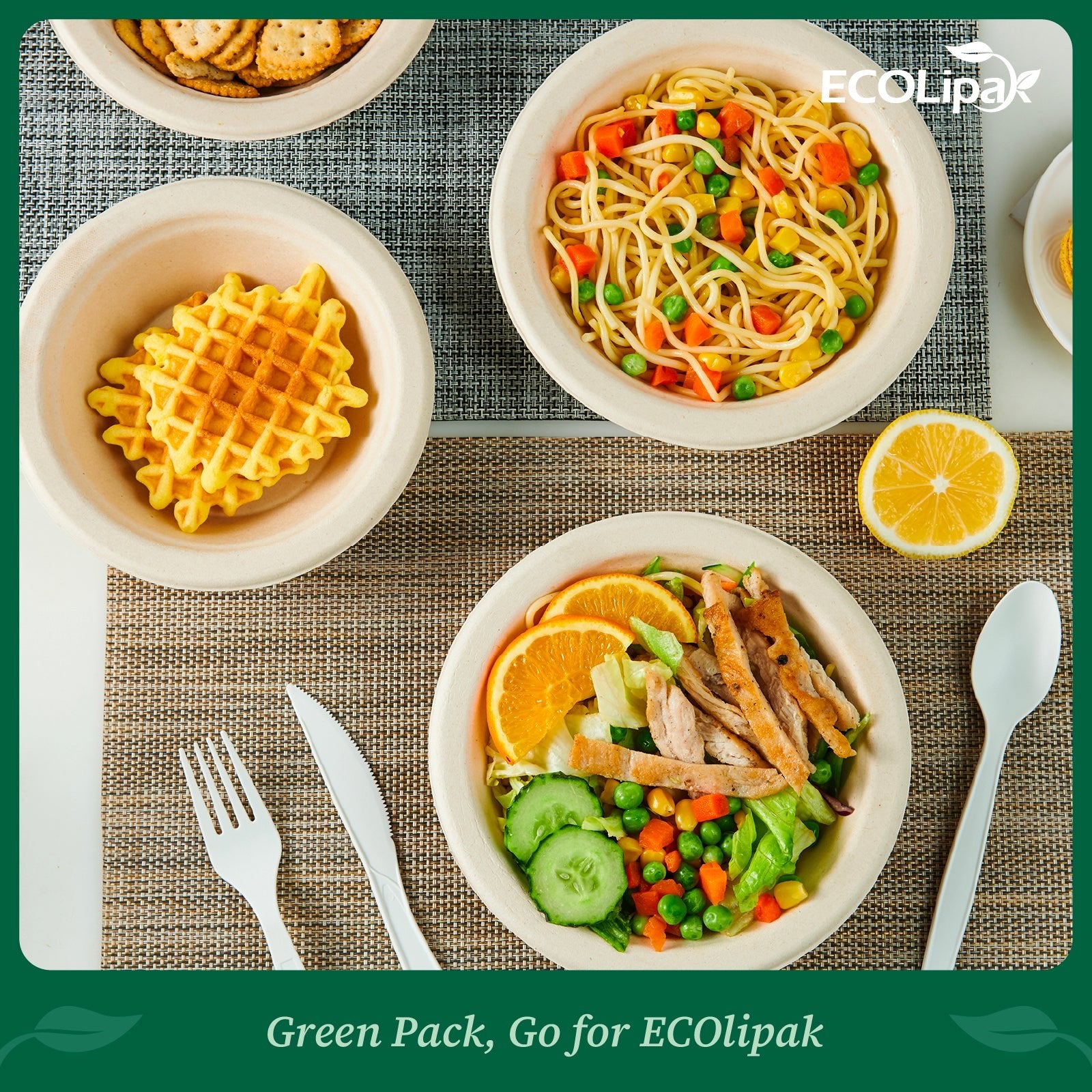 12 oz / 16 oz Wide Sides Leak - Resistant Sugarcane Compostable Bowls｜BPI Certified, PFAS - Free - ECOlipak