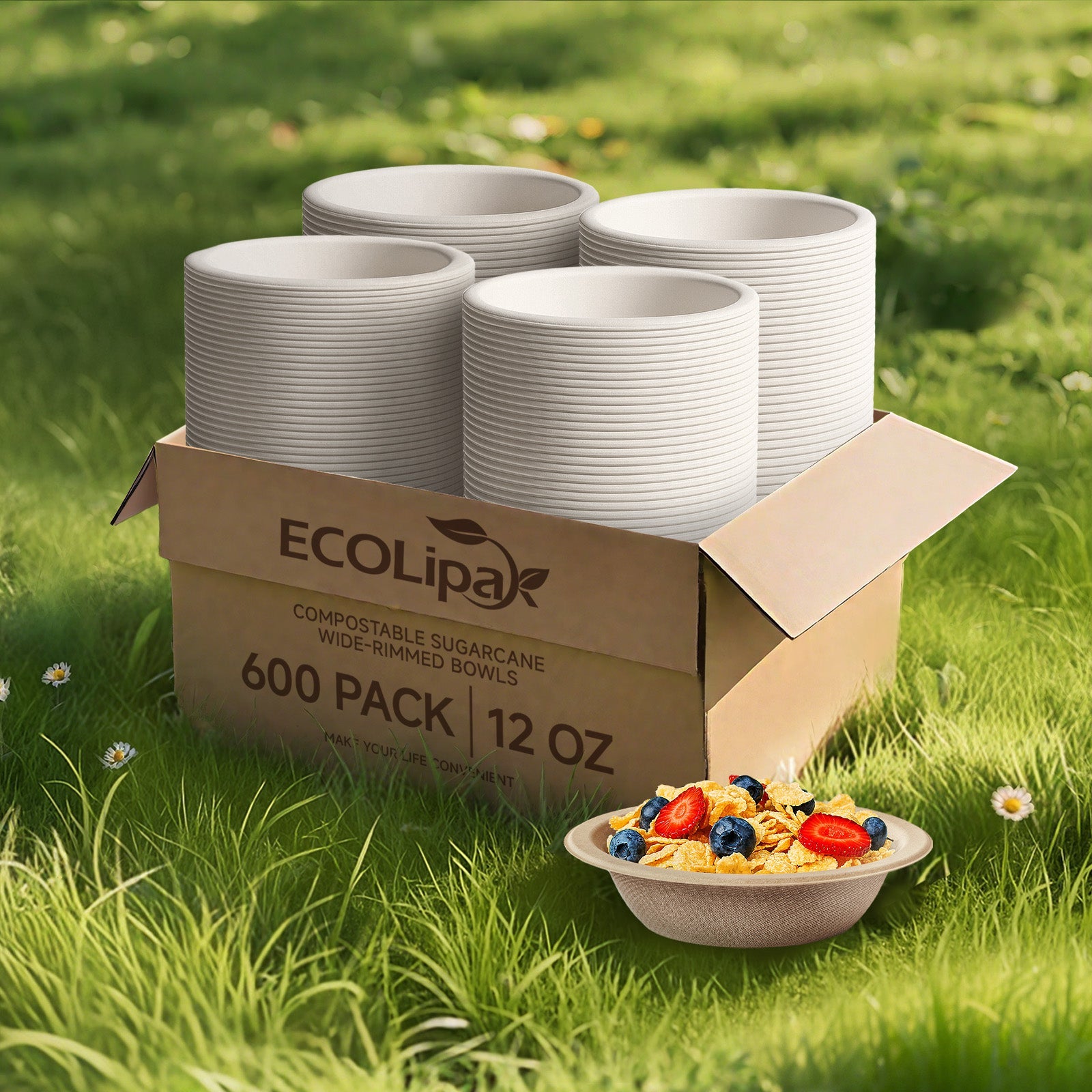  16 oz Wide Sides Leak - Resistant Sugarcane Compostable Bowls｜BPI Certified, PFAS - Free - ECOlipak