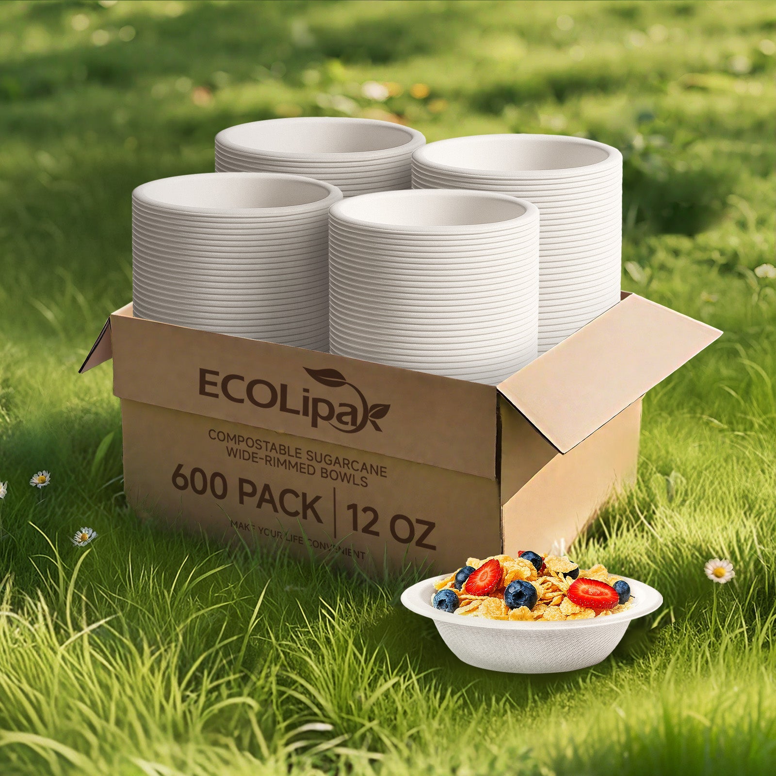  16 oz Wide Sides Leak - Resistant Sugarcane Compostable Bowls｜BPI Certified, PFAS - Free - ECOlipak