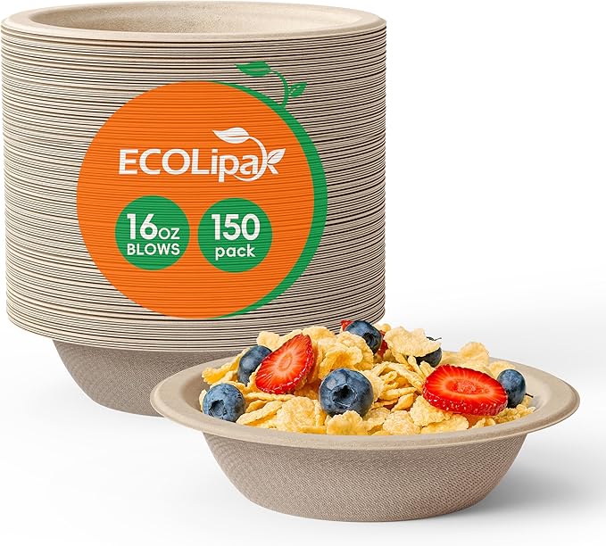 12 oz / 16 oz Wide Sides Leak - Resistant Sugarcane Compostable Bowls｜BPI Certified, PFAS - Free - ECOlipak