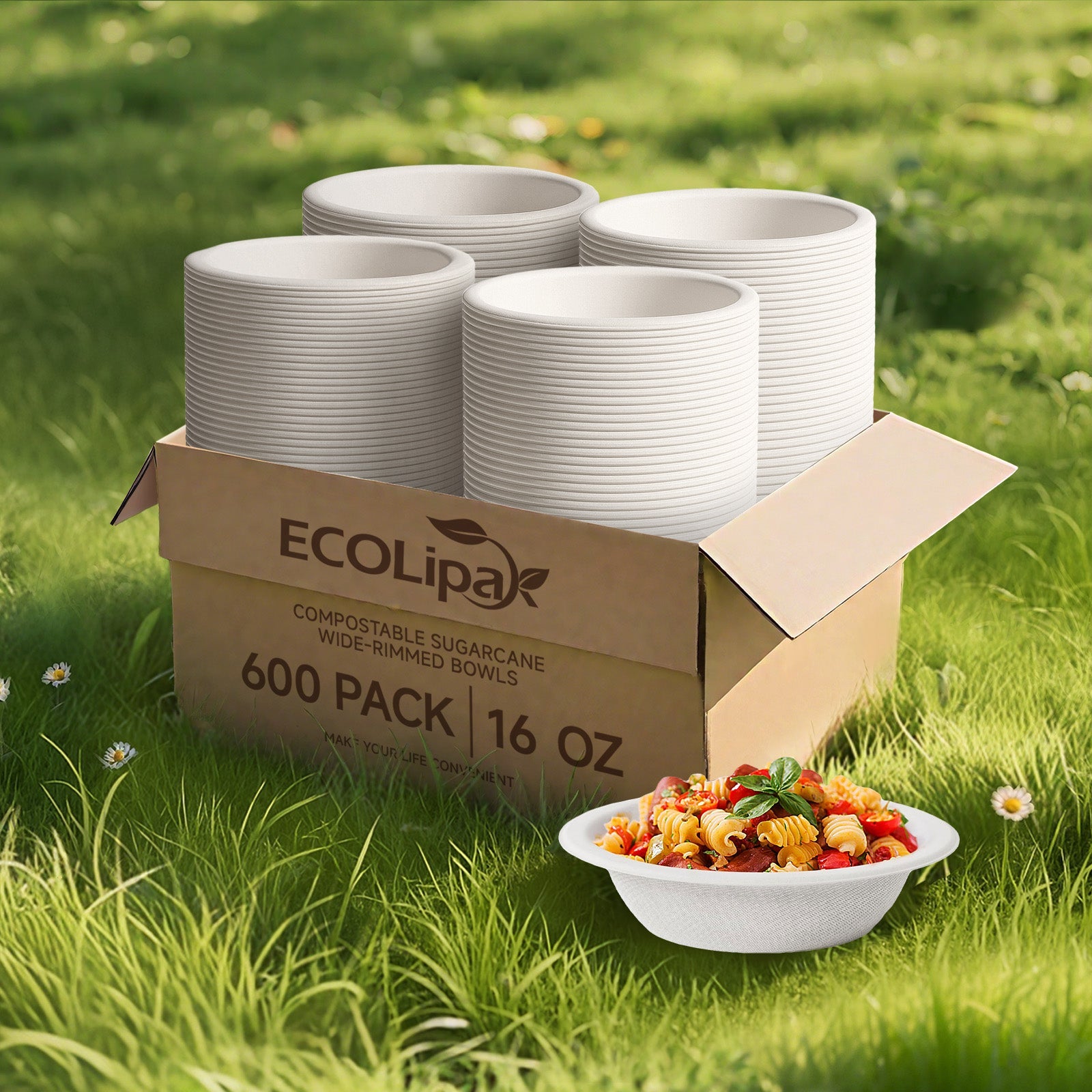  16 oz Wide Sides Leak - Resistant Sugarcane Compostable Bowls｜BPI Certified, PFAS - Free - ECOlipak