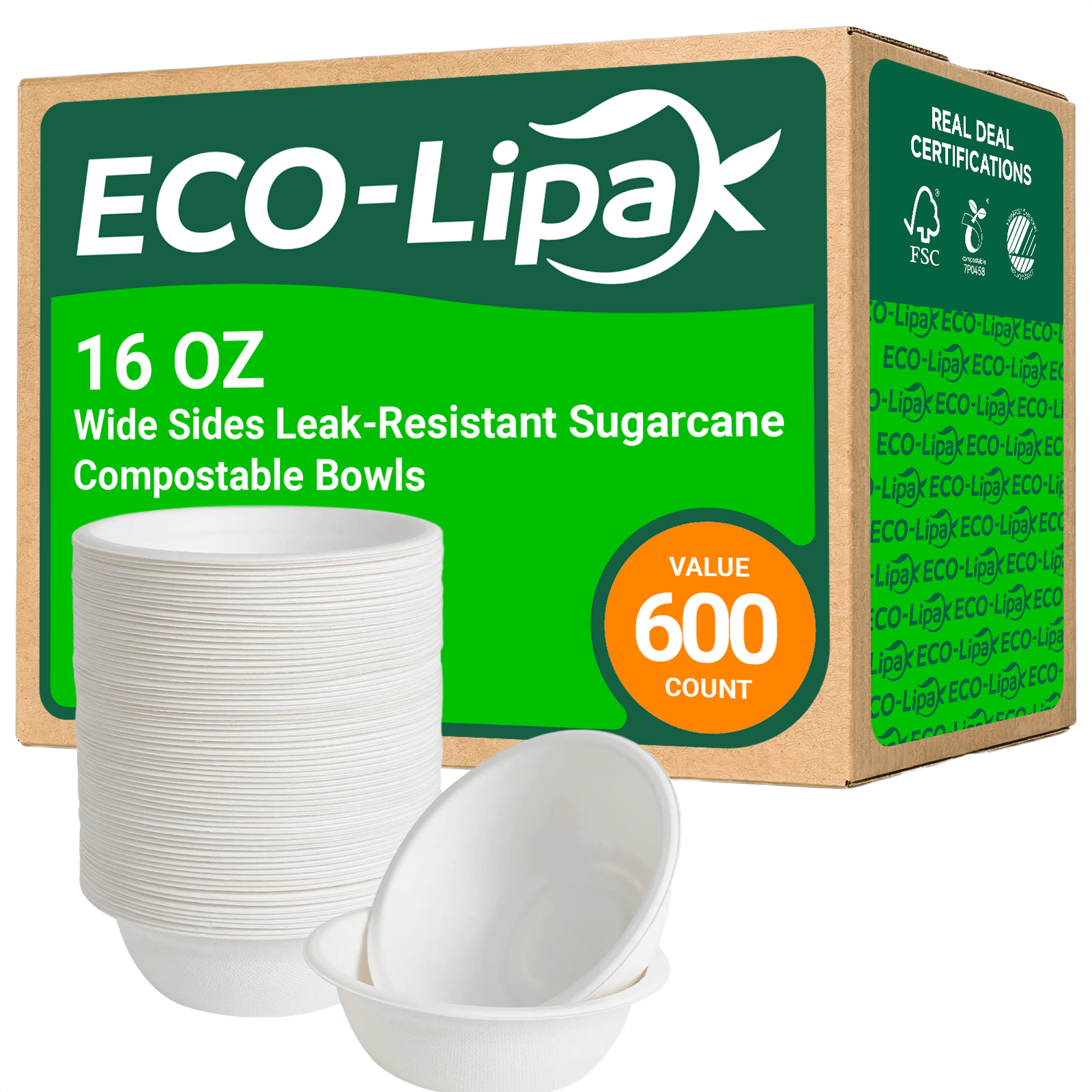  16 oz Wide Sides Leak - Resistant Sugarcane Compostable Bowls｜BPI Certified, PFAS - Free - ECOlipak