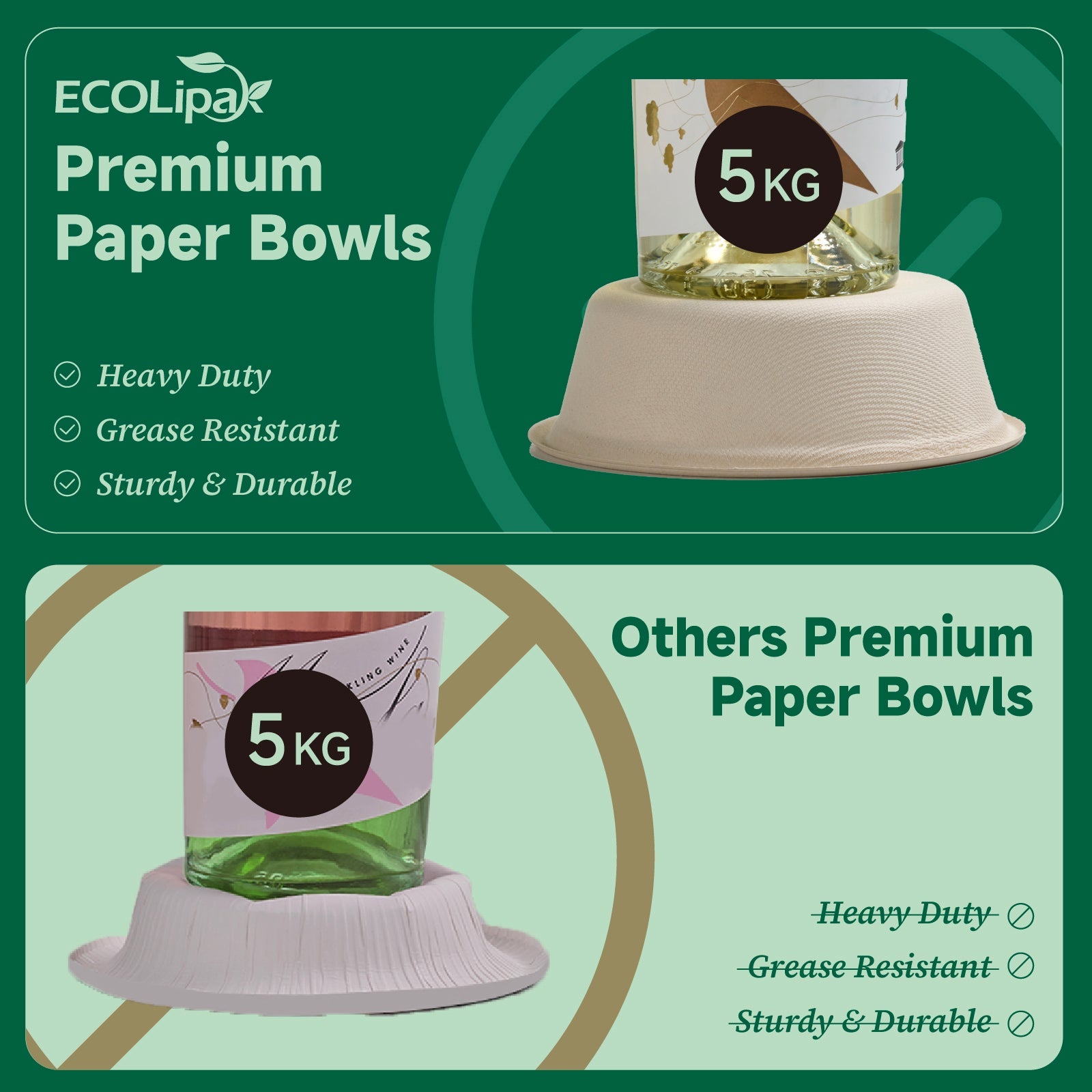 12 oz / 16 oz Wide Sides Leak - Resistant Sugarcane Compostable Bowls｜BPI Certified, PFAS - Free - ECOlipak