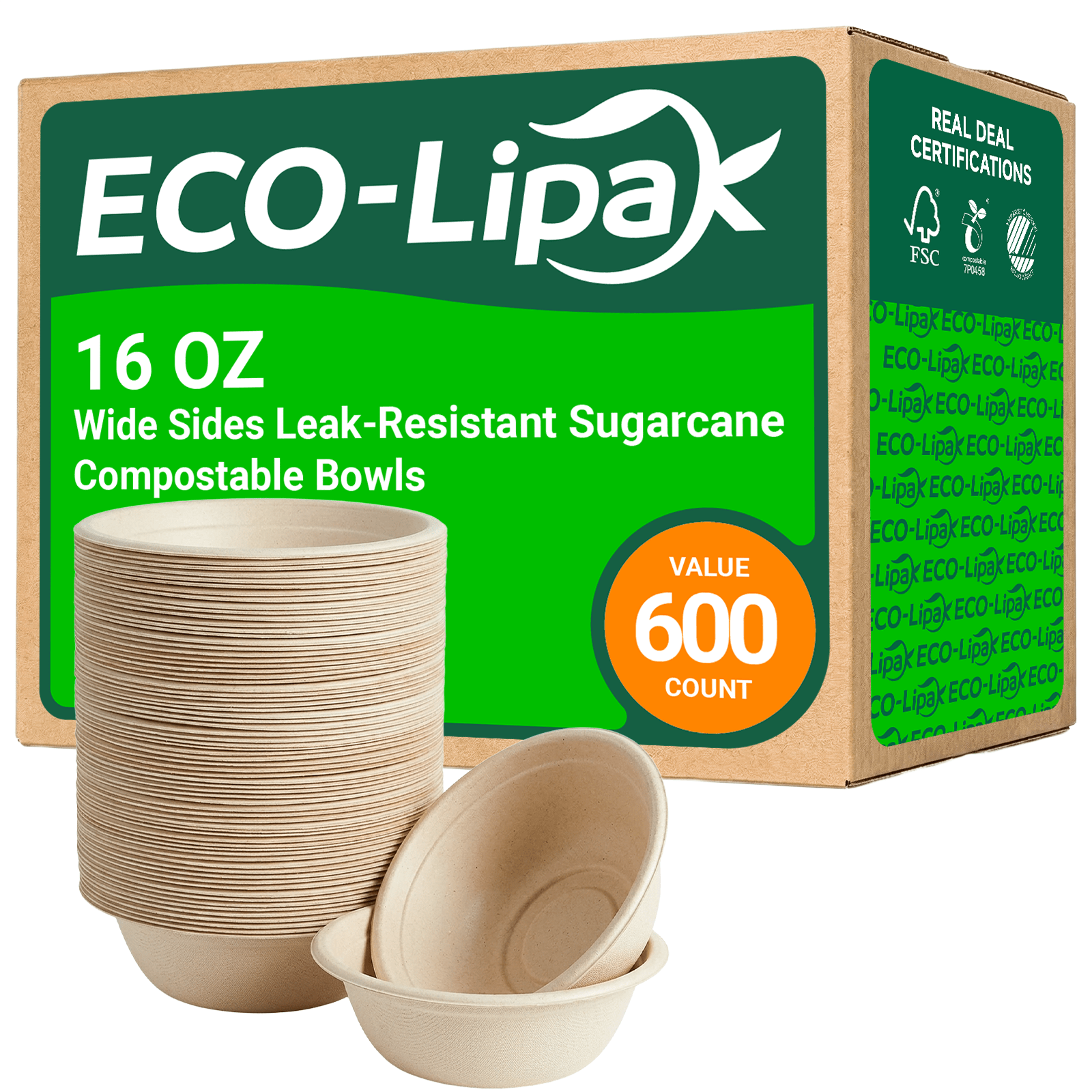  16 oz Wide Sides Leak - Resistant Sugarcane Compostable Bowls｜BPI Certified, PFAS - Free - ECOlipak