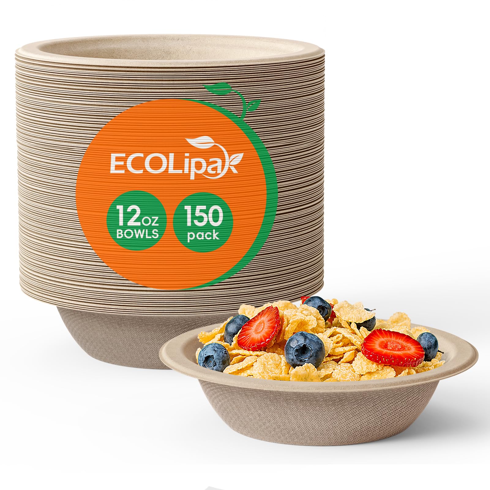 12 oz / 16 oz Wide Sides Leak - Resistant Sugarcane Compostable Bowls｜BPI Certified, PFAS - Free - ECOlipak