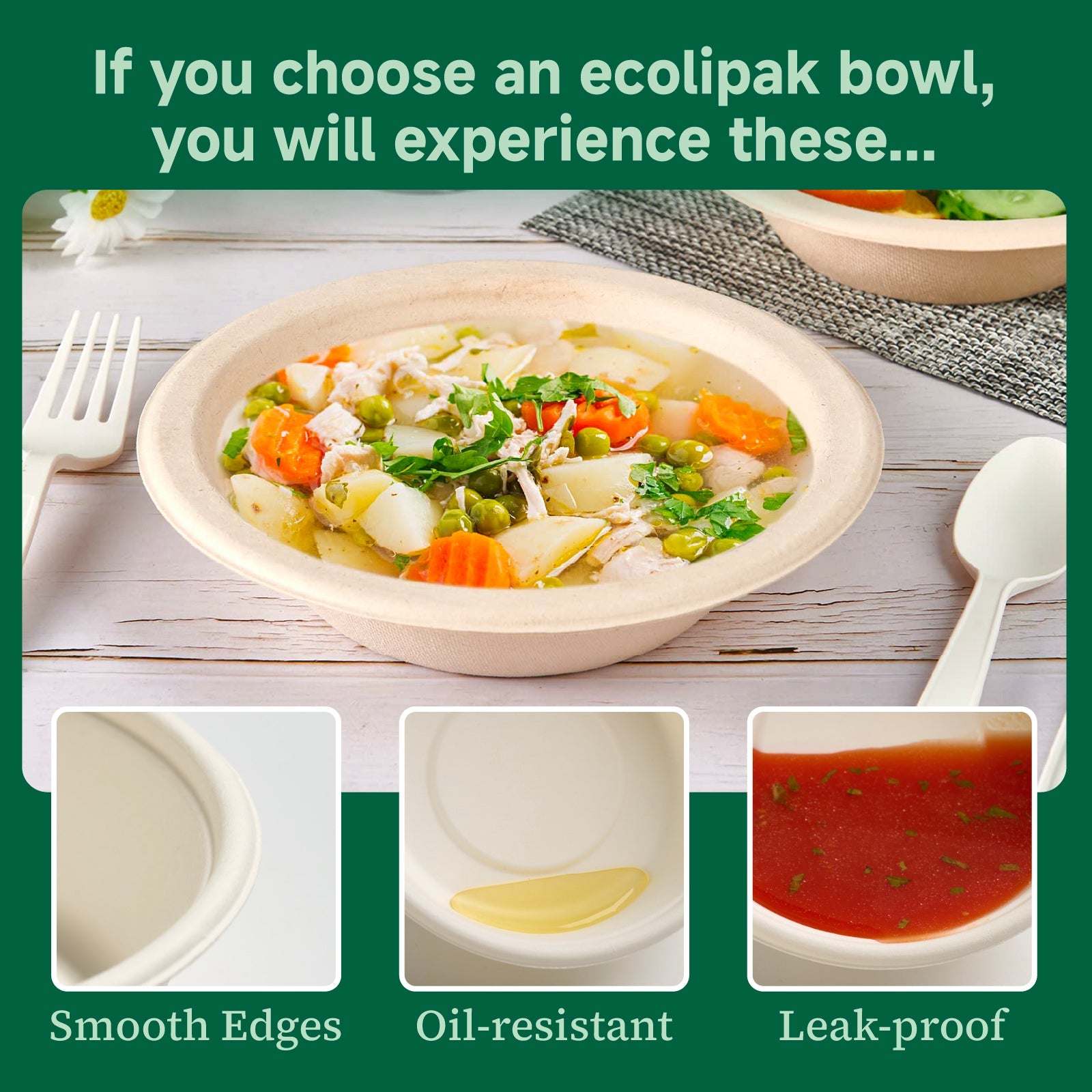 12 oz / 16 oz Wide Sides Leak - Resistant Sugarcane Compostable Bowls｜BPI Certified, PFAS - Free - ECOlipak