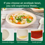 12 oz / 16 oz Wide Sides Leak - Resistant Sugarcane Compostable Bowls｜BPI Certified, PFAS - Free - ECOlipak