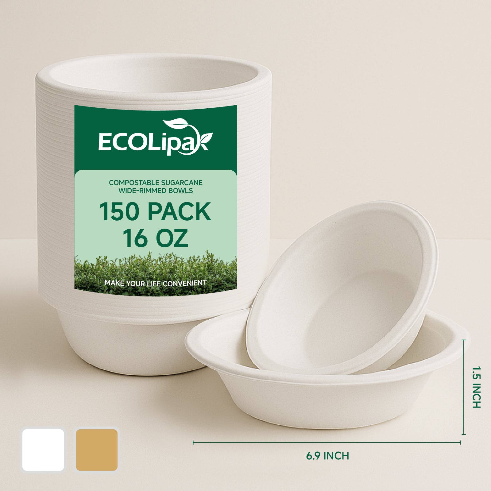  16 oz Wide Sides Leak - Resistant Sugarcane Compostable Bowls｜BPI Certified, PFAS - Free - ECOlipak
