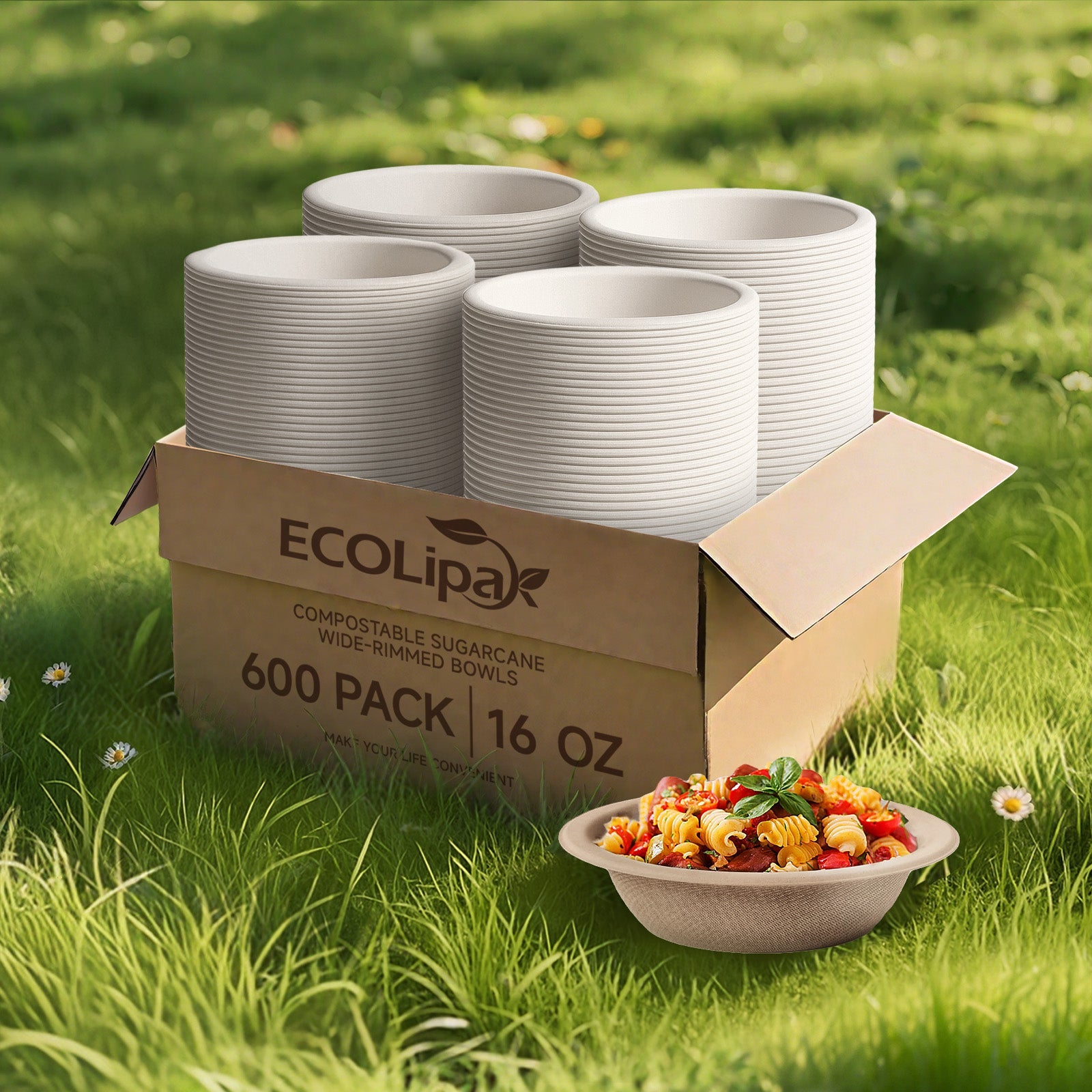  16 oz Wide Sides Leak - Resistant Sugarcane Compostable Bowls｜BPI Certified, PFAS - Free - ECOlipak