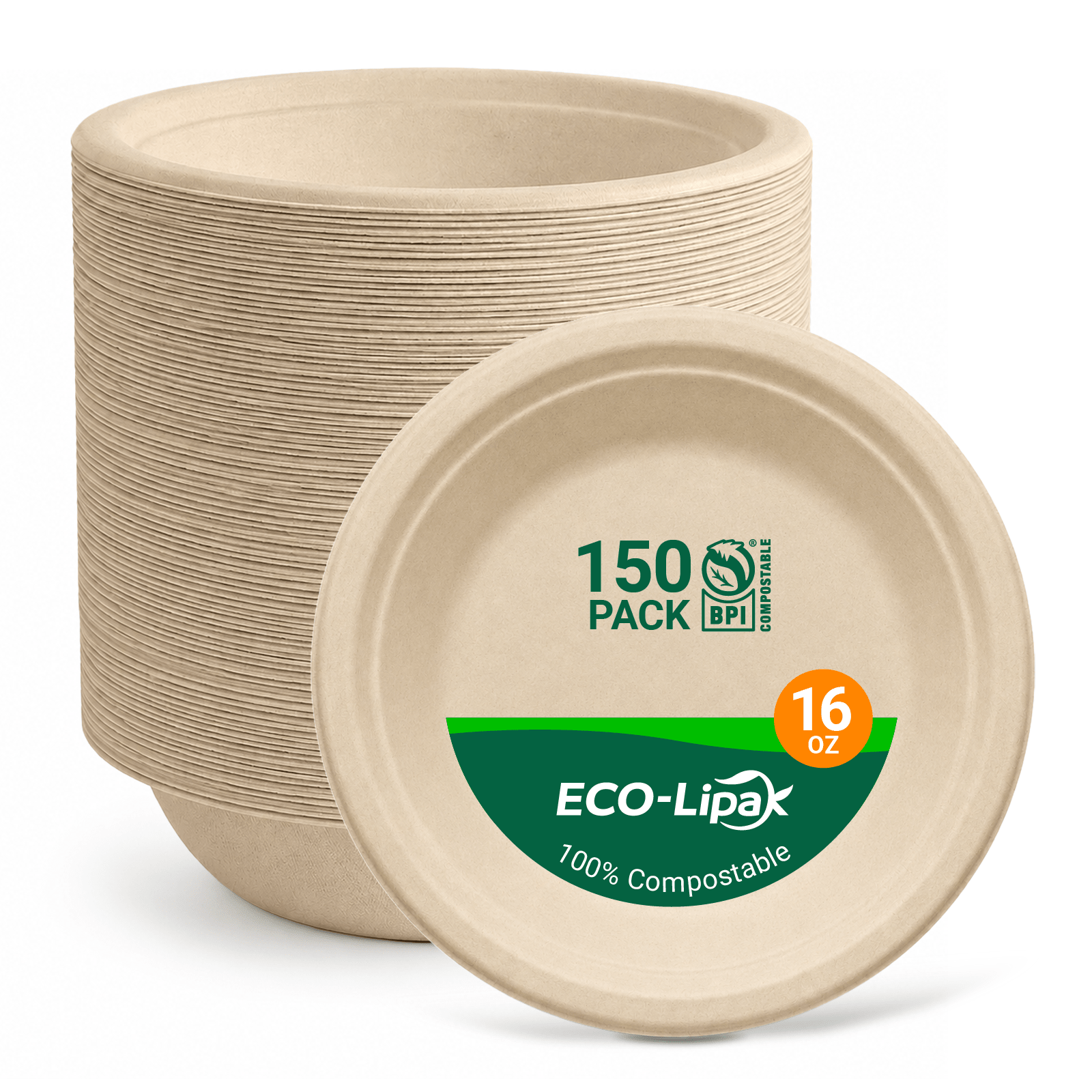  16 oz Wide Sides Leak-Resistant Sugarcane Compostable Bowls｜BPI Certified, PFAS-Free, BPA-Free - ECO-Lipak
