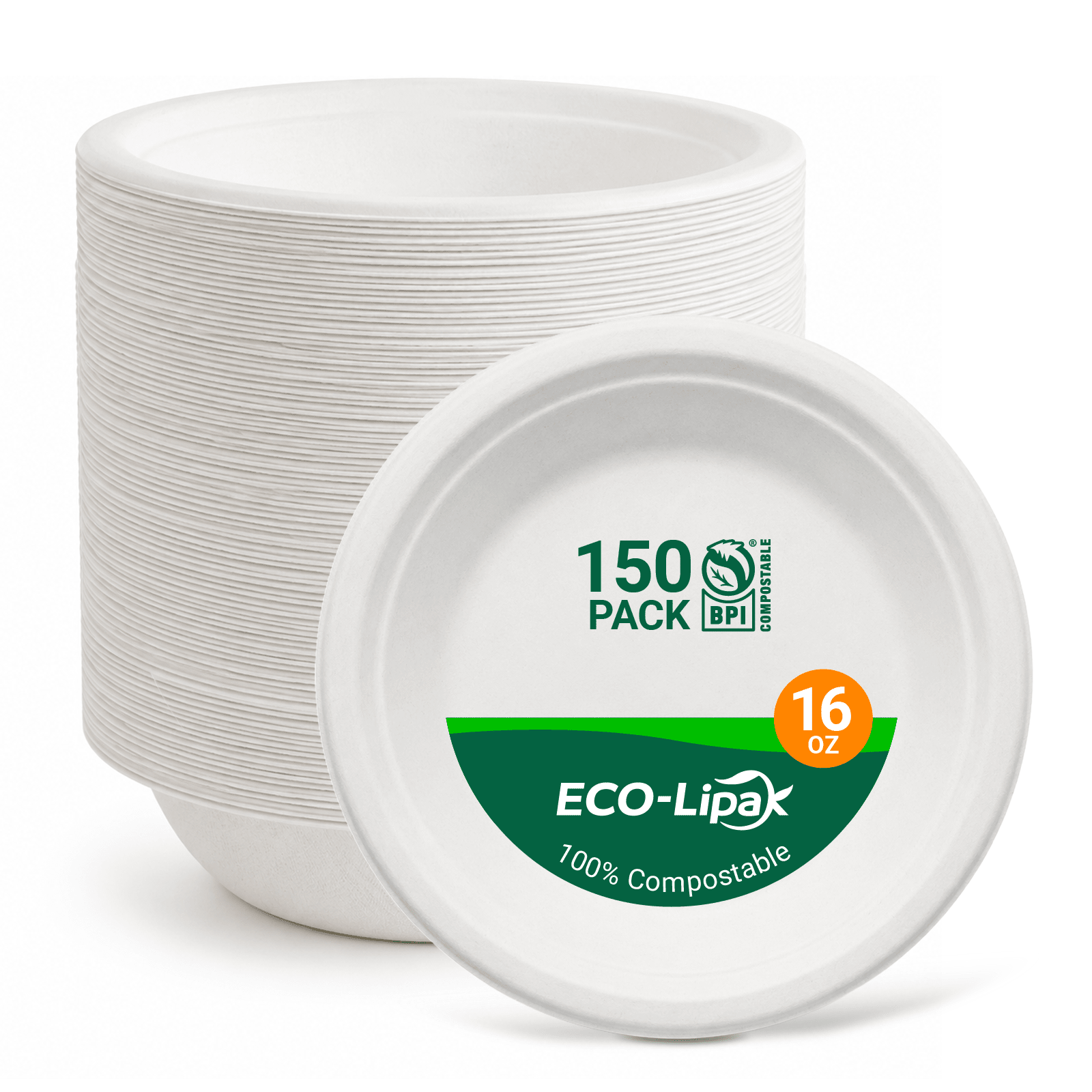  16 oz Wide Sides Leak-Resistant Sugarcane Compostable Bowls｜BPI Certified, PFAS-Free, BPA-Free - ECO-Lipak