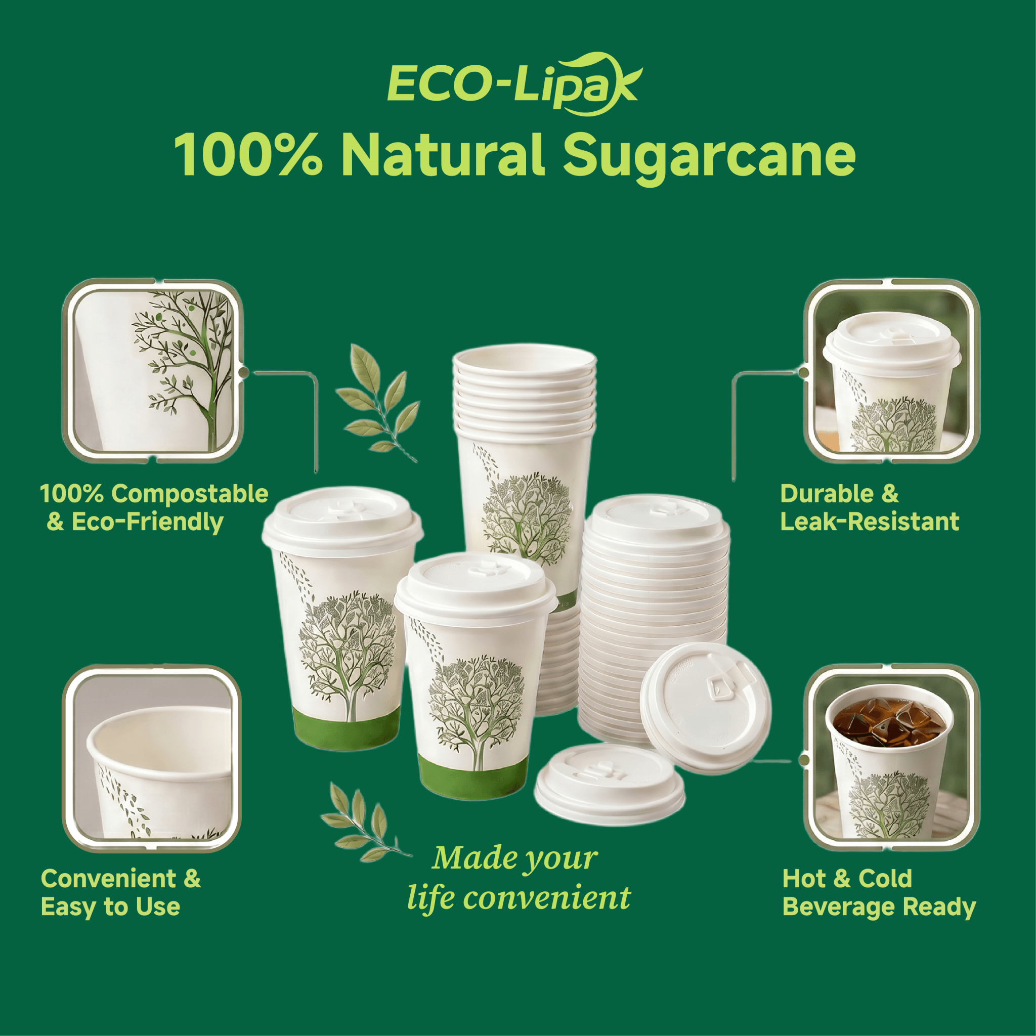 12 oz Multi - Purpose Paper Compostable Cups & CPLA Lids｜Eco - Friendly, BPA - Free - ECO - Lipak
