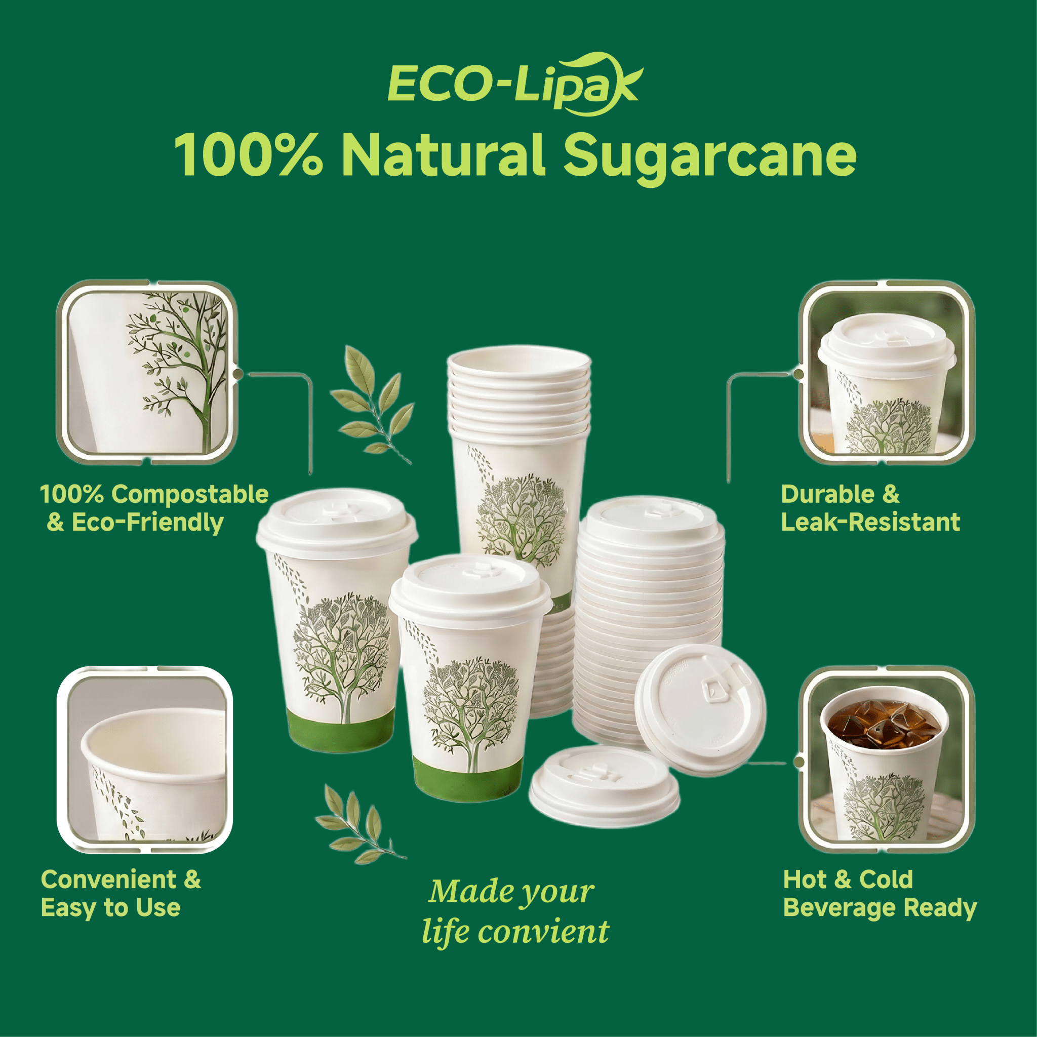 12 oz Multi - Purpose Paper Compostable Cups & CPLA Lids｜Eco - Friendly, BPA - Free - ECO - Lipak