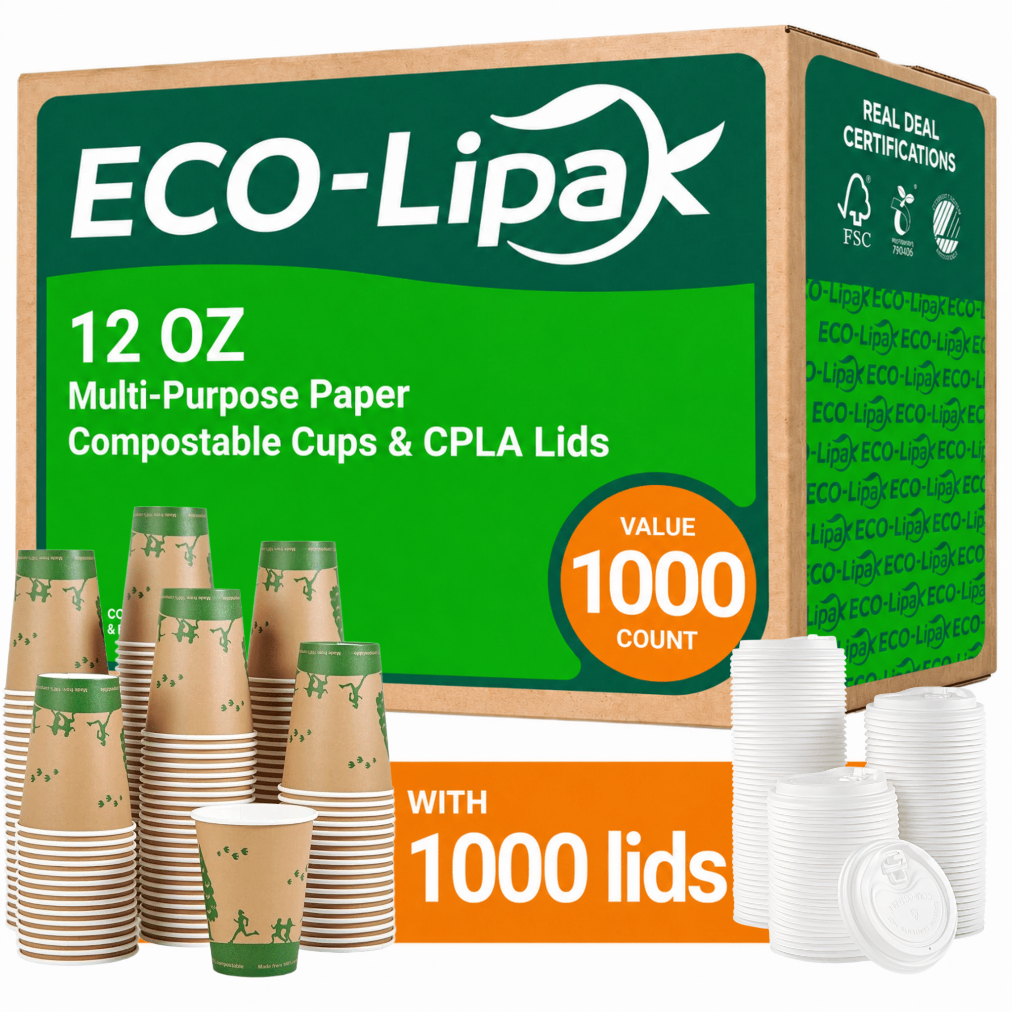 12 oz Natural Compostable Paper Coffee Cups & CPLA Lids｜Leak-Resistant, BPA-Free - ECO-Lipak