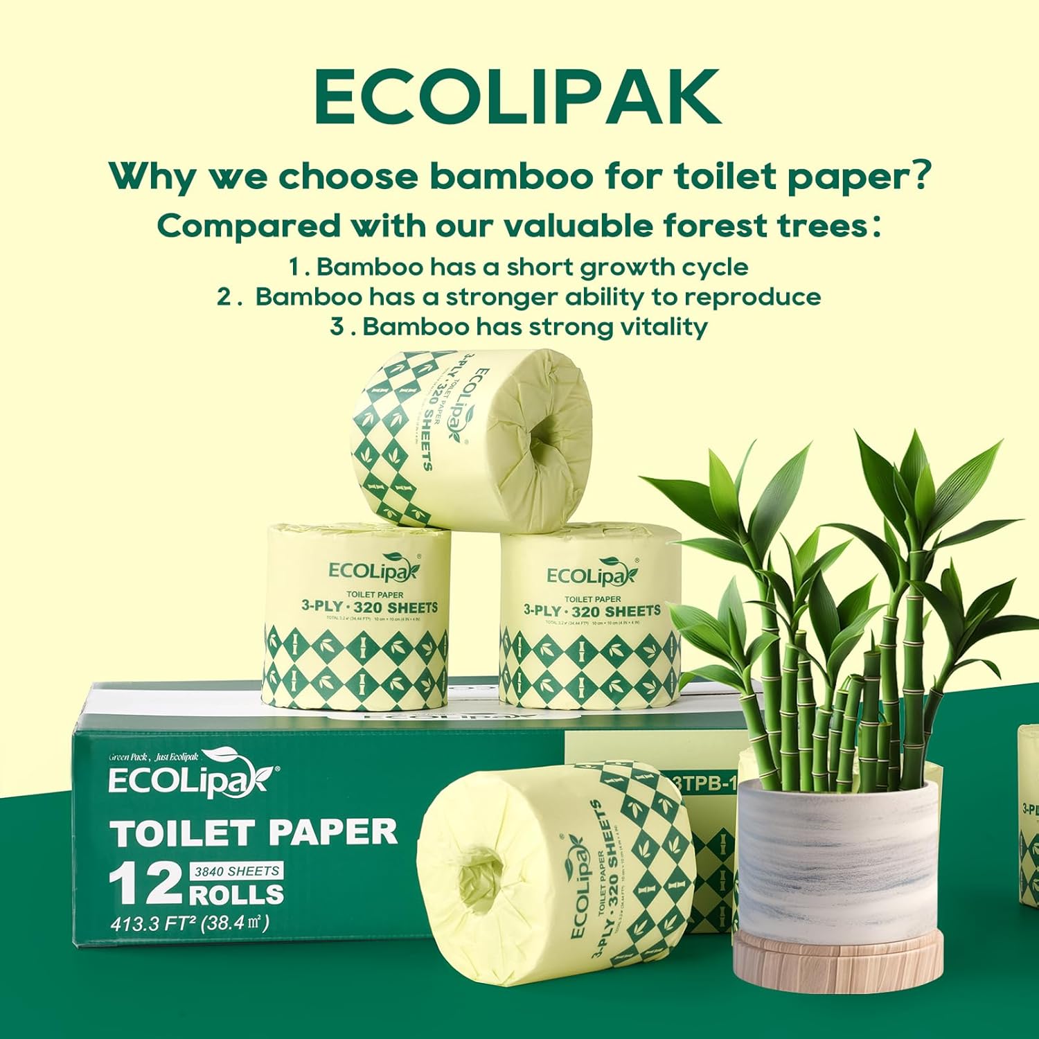 12 rolls 3 - ply Lint - Free Absorbent Tree - Free Bamboo Toilet Paper | PFAS - Free, Non - Toxic - ECOlipak