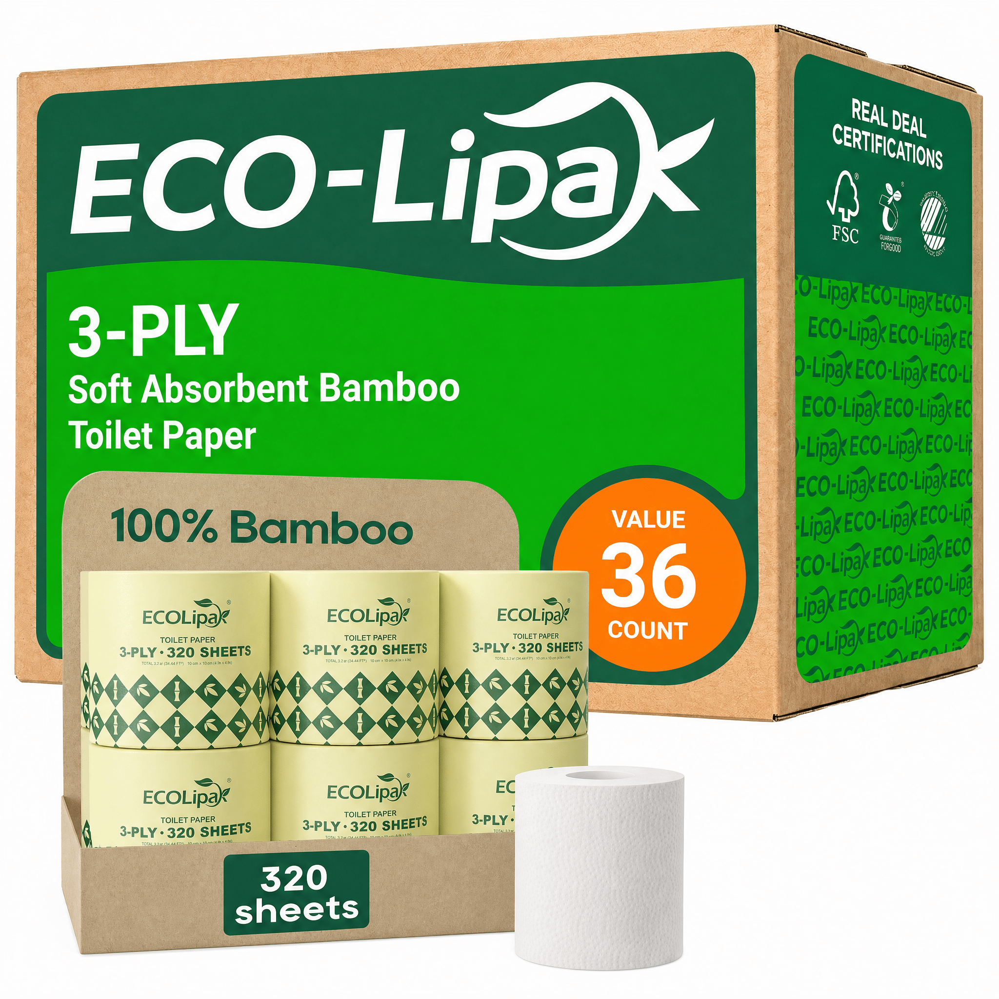 12 rolls 3-ply Lint-Free Absorbent Tree-Free Bamboo Toilet Paper | PFAS-Free, Non-Toxic - ECO-Lipak