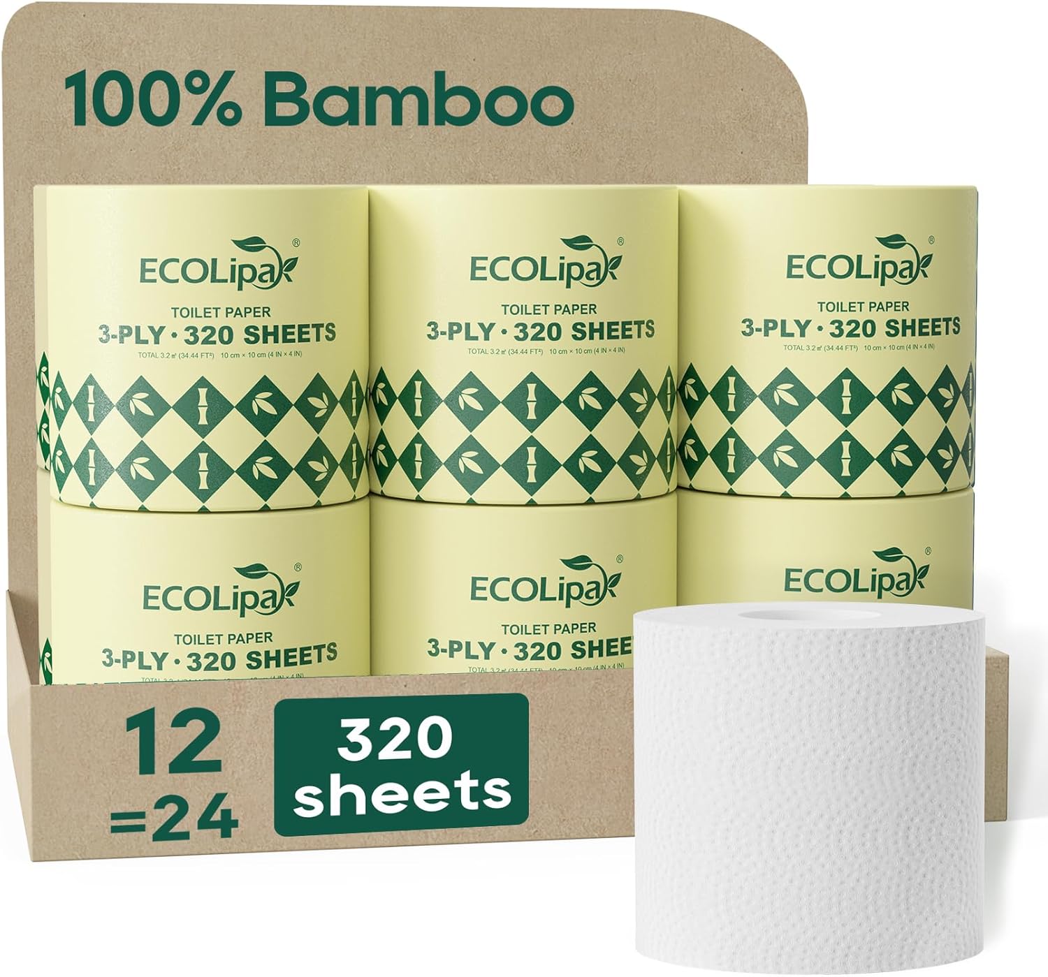 12 rolls 3 - ply Lint - Free Absorbent Tree - Free Bamboo Toilet Paper | PFAS - Free, Non - Toxic - ECOlipak