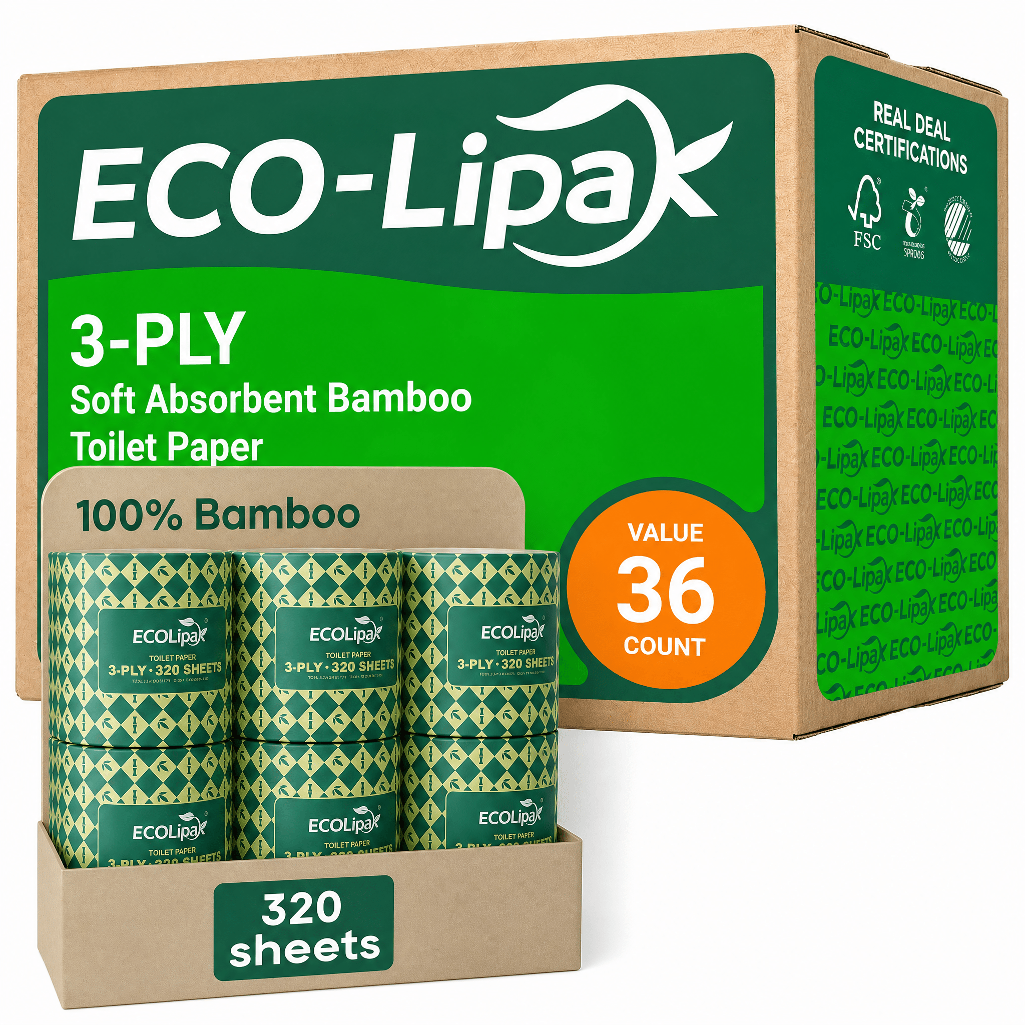 12 rolls 3-ply Unbleached Soft Bamboo Toilet Paper | PFAS-Free, Hypoallergenic - ECO-Lipak