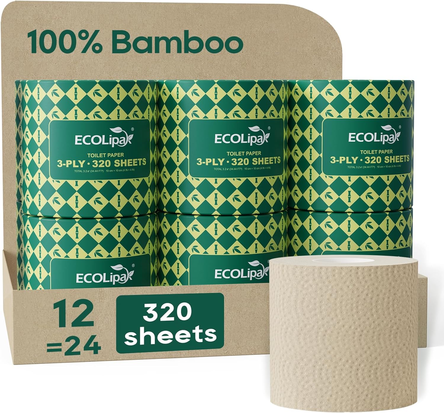 12 rolls 3 - ply Unbleached Soft Bamboo Toilet Paper | PFAS - Free, Hypoallergenic - ECOlipak
