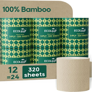 12 rolls 3 - ply Unbleached Soft Bamboo Toilet Paper | PFAS - Free, Hypoallergenic - ECOlipak