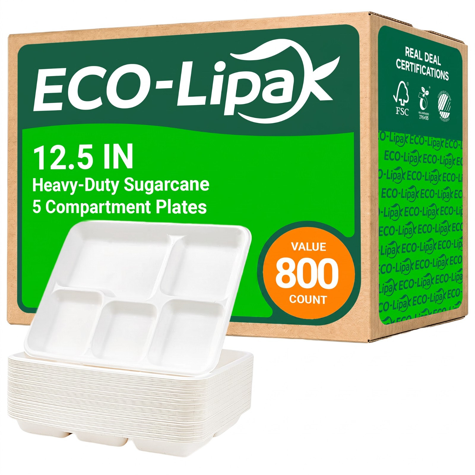 Wholesale Compostable Sugarcane 5-Compartment Plates – 10 in / 12.5 in | Bulk Cartons