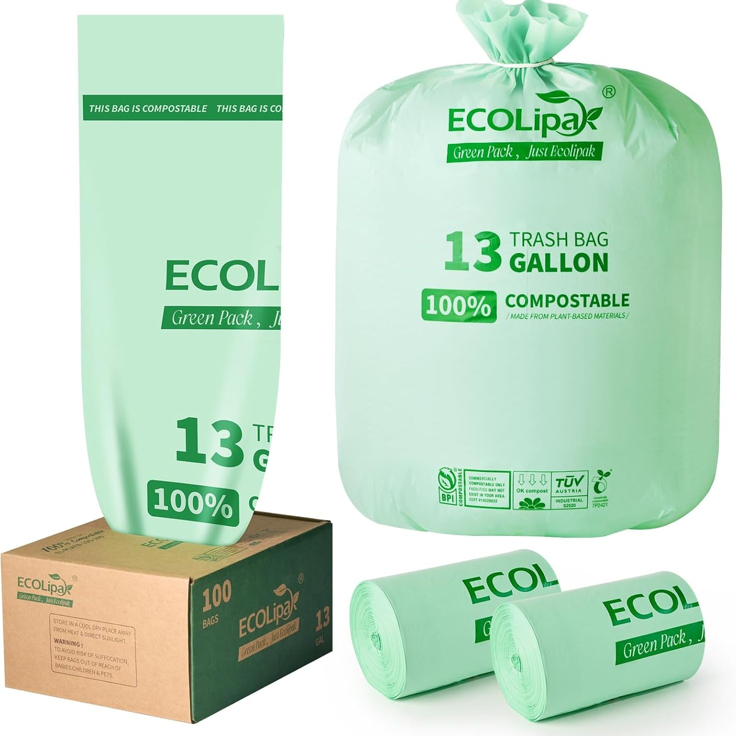  33 Gallon Heavy - Duty Durable Compostable Trash Bags for Kitchen, Office & Lawn, Yard｜BPI Certified, OK Compost - ECOlipak