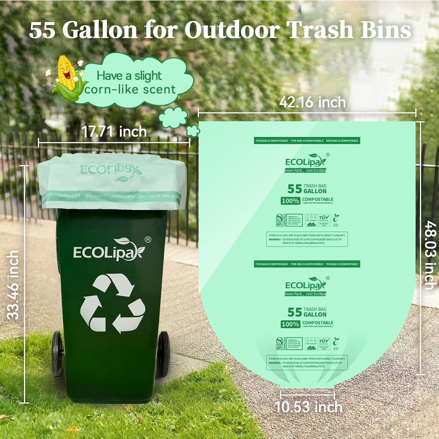 13/33/55 Gallon Heavy - Duty Durable Compostable Trash Bags for Kitchen, Office & Lawn, Yard｜BPI Certified, OK Compost - ECOlipak